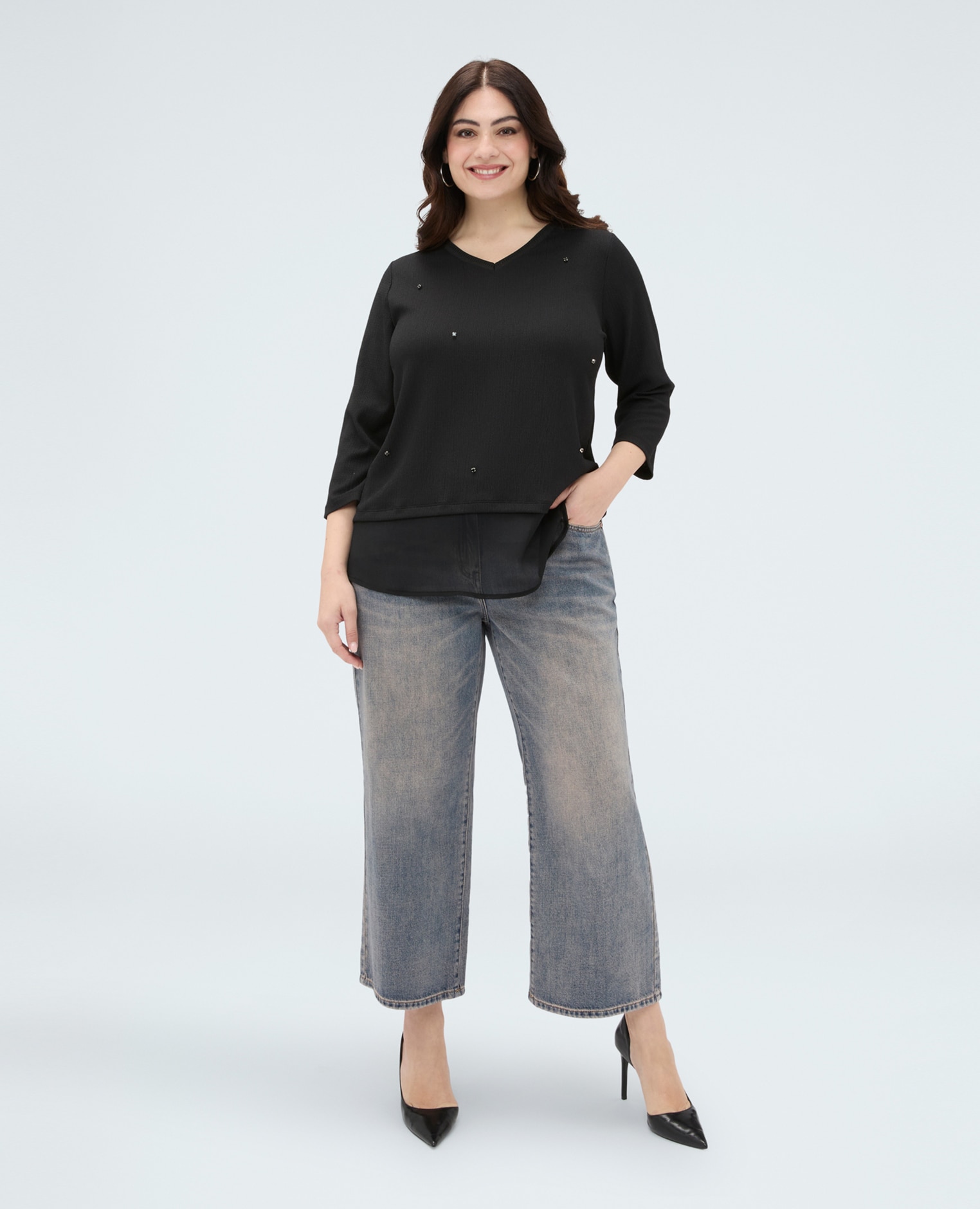 Camiseta de mujer de jersey con aplicaciones aplicaciones luminosas decorativas distribuidas en la parte delantera - Fiorella Rubino - Negro Negro-3