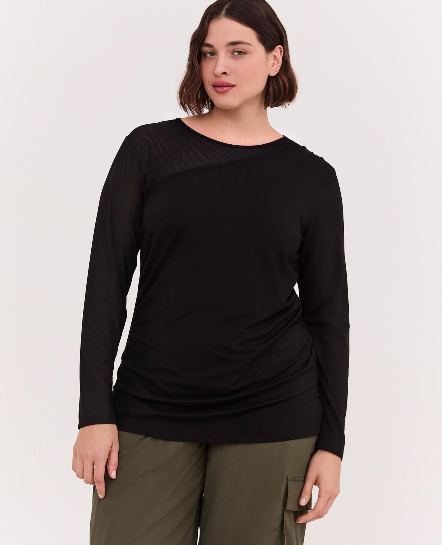 Camiseta de mujer con inserto de tul insertos semitransparentes en el escote en los hombros - Fiorella Rubino - Negro Negro-1