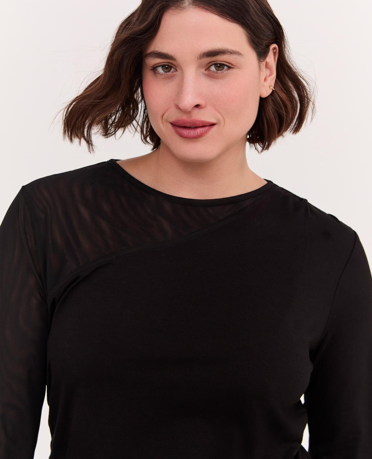 Camiseta de mujer con inserto de tul insertos semitransparentes en el escote en los hombros - Fiorella Rubino - Negro Negro-3