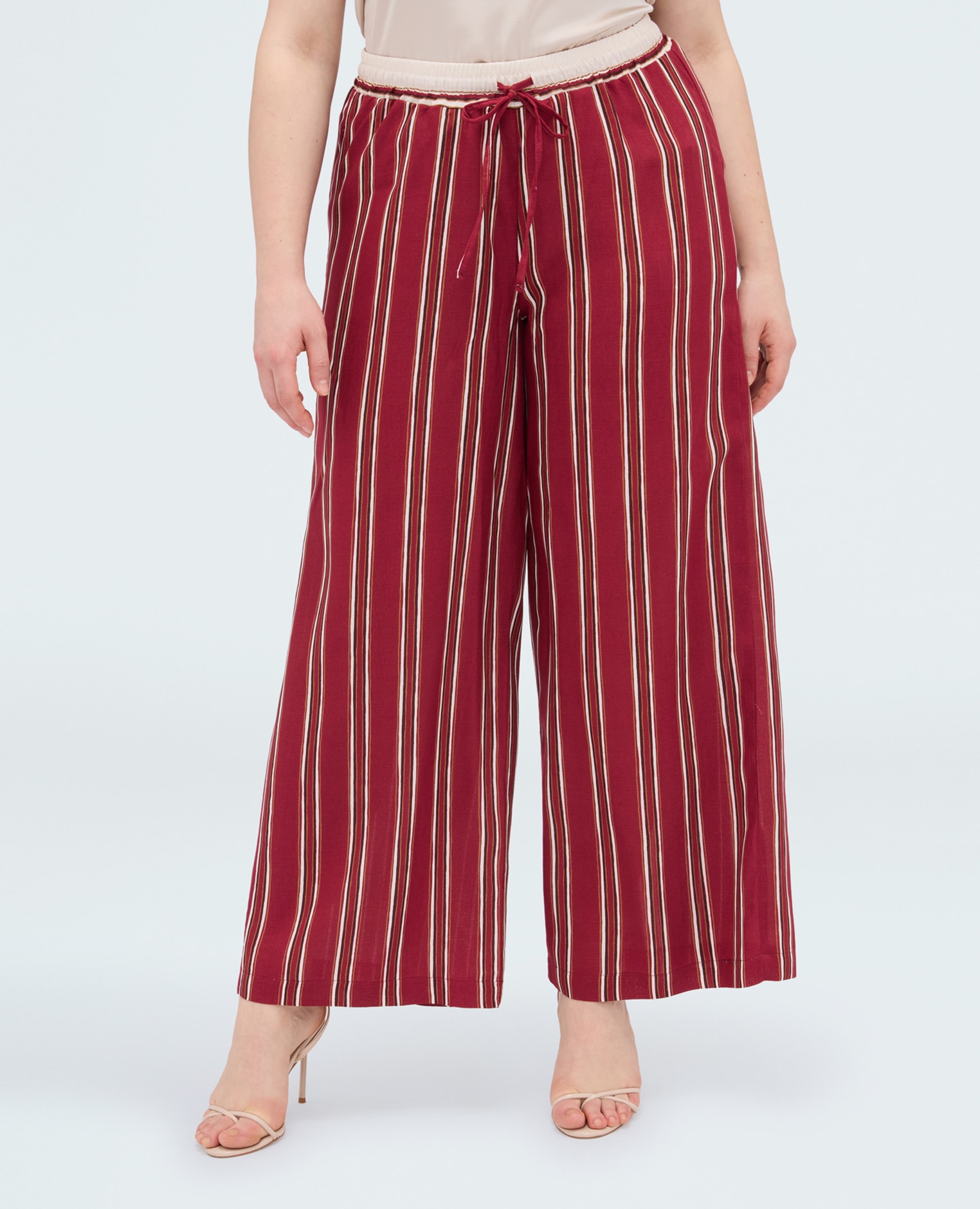 Pantalones de mujer wide leg de viscosa a rayas cintura elástica con cordón ajustable para el máximo confort - Fiorella Rubino - Burdeos Burdeos-1