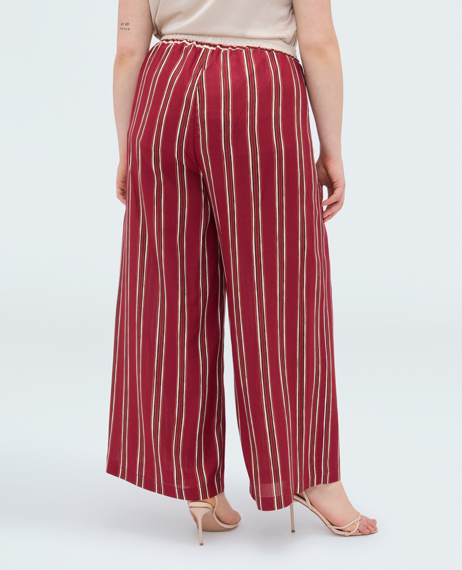 Pantalones de mujer wide leg de viscosa a rayas cintura elástica con cordón ajustable para el máximo confort - Fiorella Rubino - Burdeos Burdeos-2
