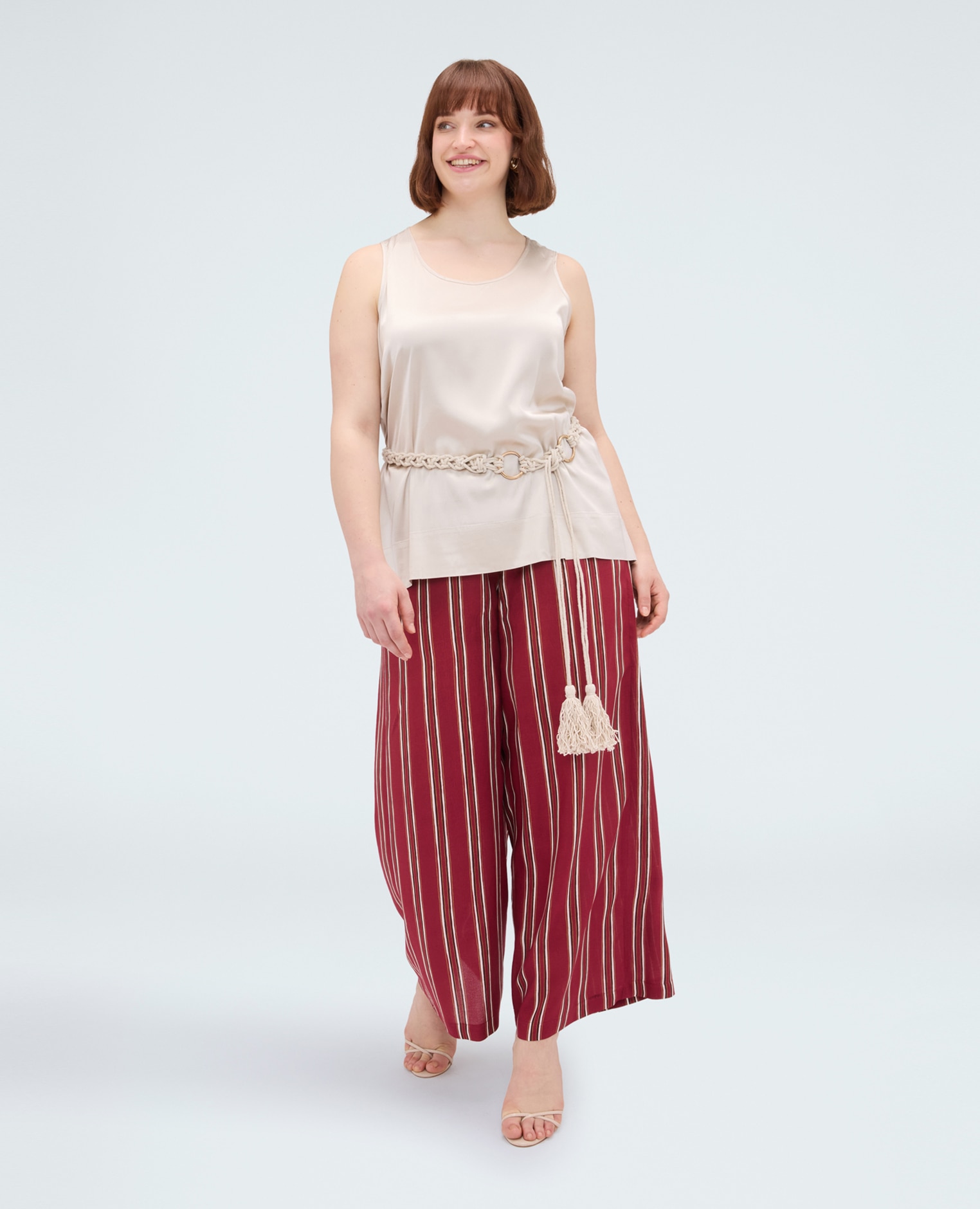 Pantalones de mujer wide leg de viscosa a rayas cintura elástica con cordón ajustable para el máximo confort - Fiorella Rubino - Burdeos Burdeos-3