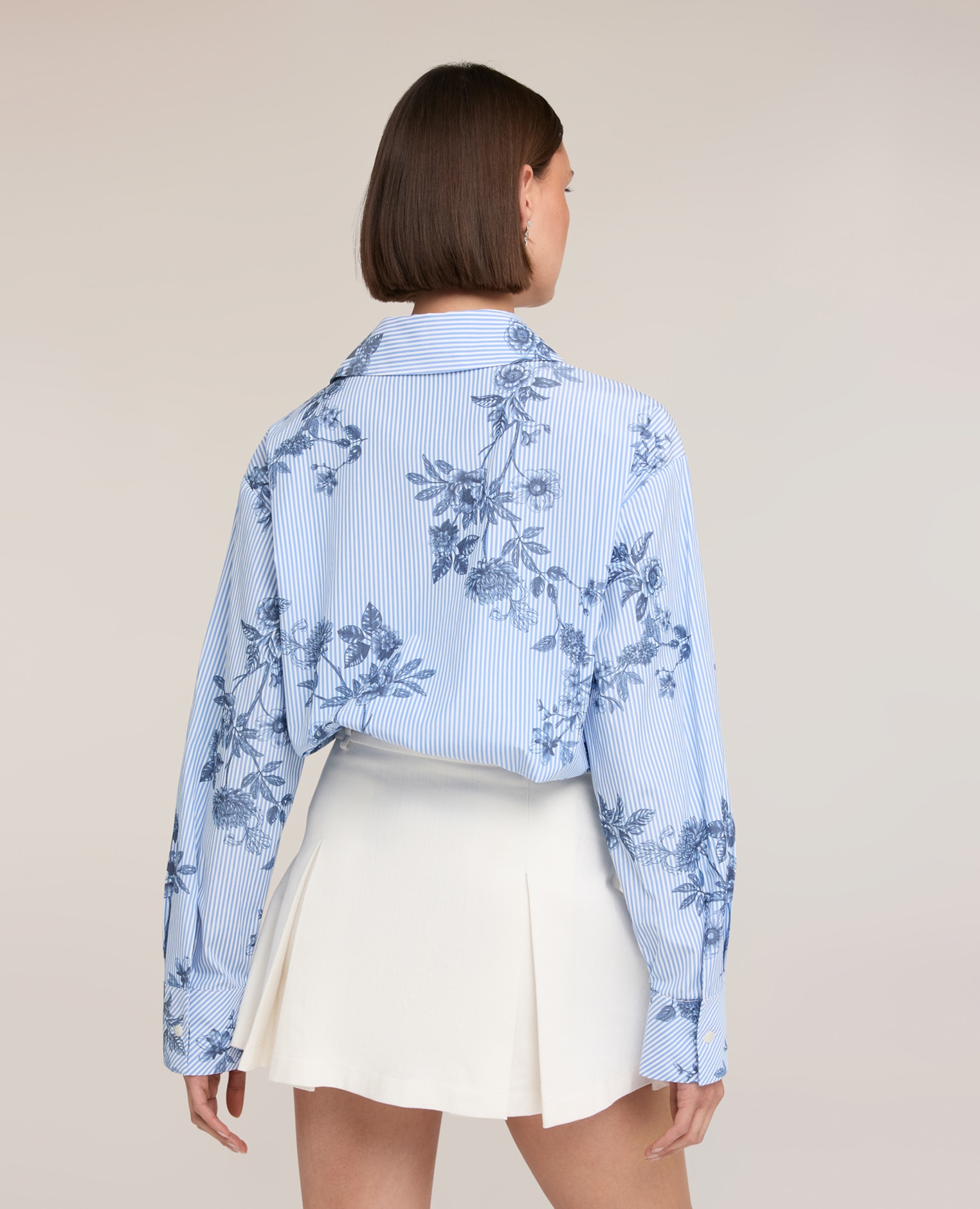 Camisa de mujer oversize a rayas con estampado floral ajuste oversize cierre frontal con botones - Motivi - Azul claro Azul claro-2