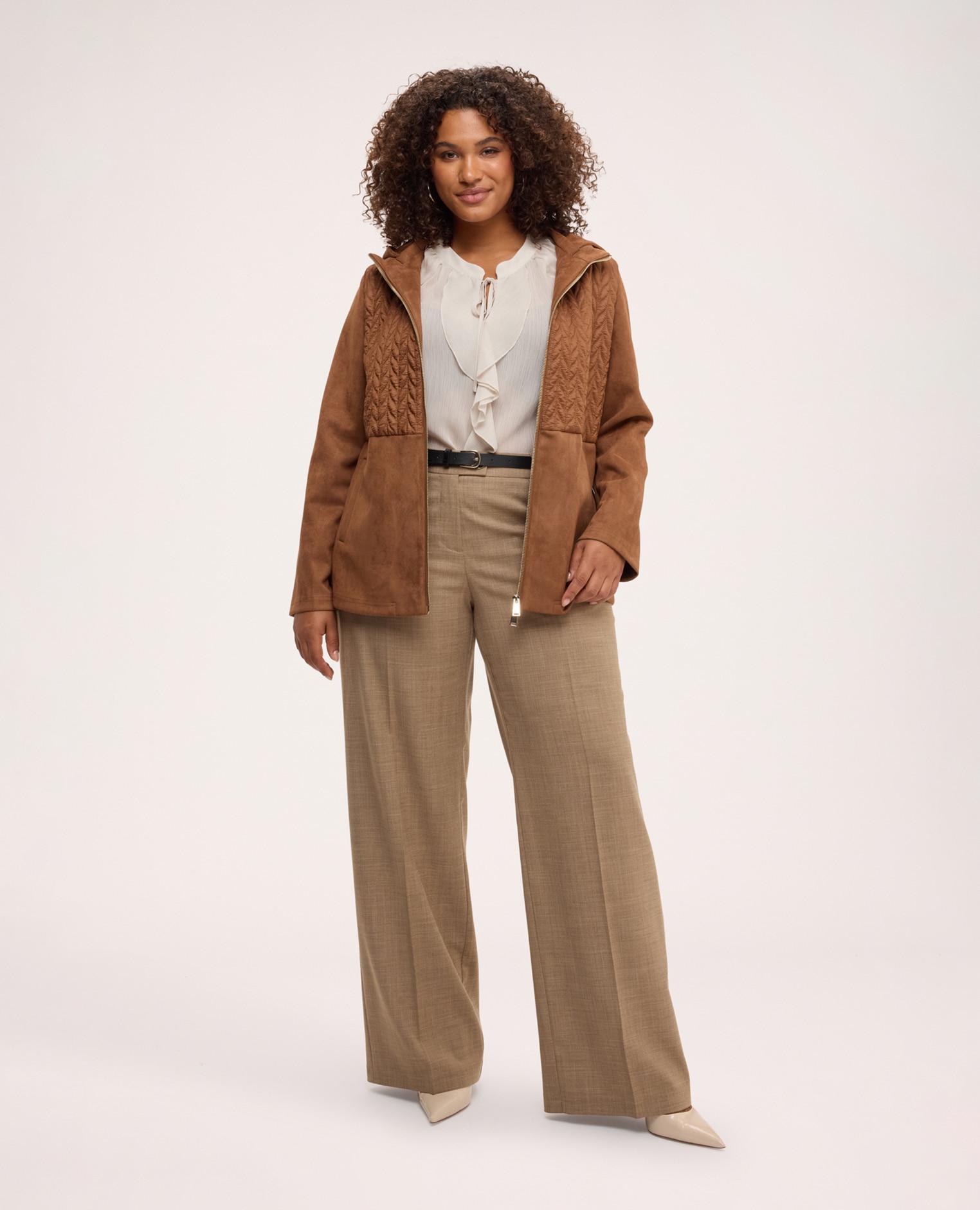 Chaqueta de mujer bimaterial soft touch construcción combo que alterna dos tejidos diferentes - Fiorella Rubino - Marrón Marrón-3