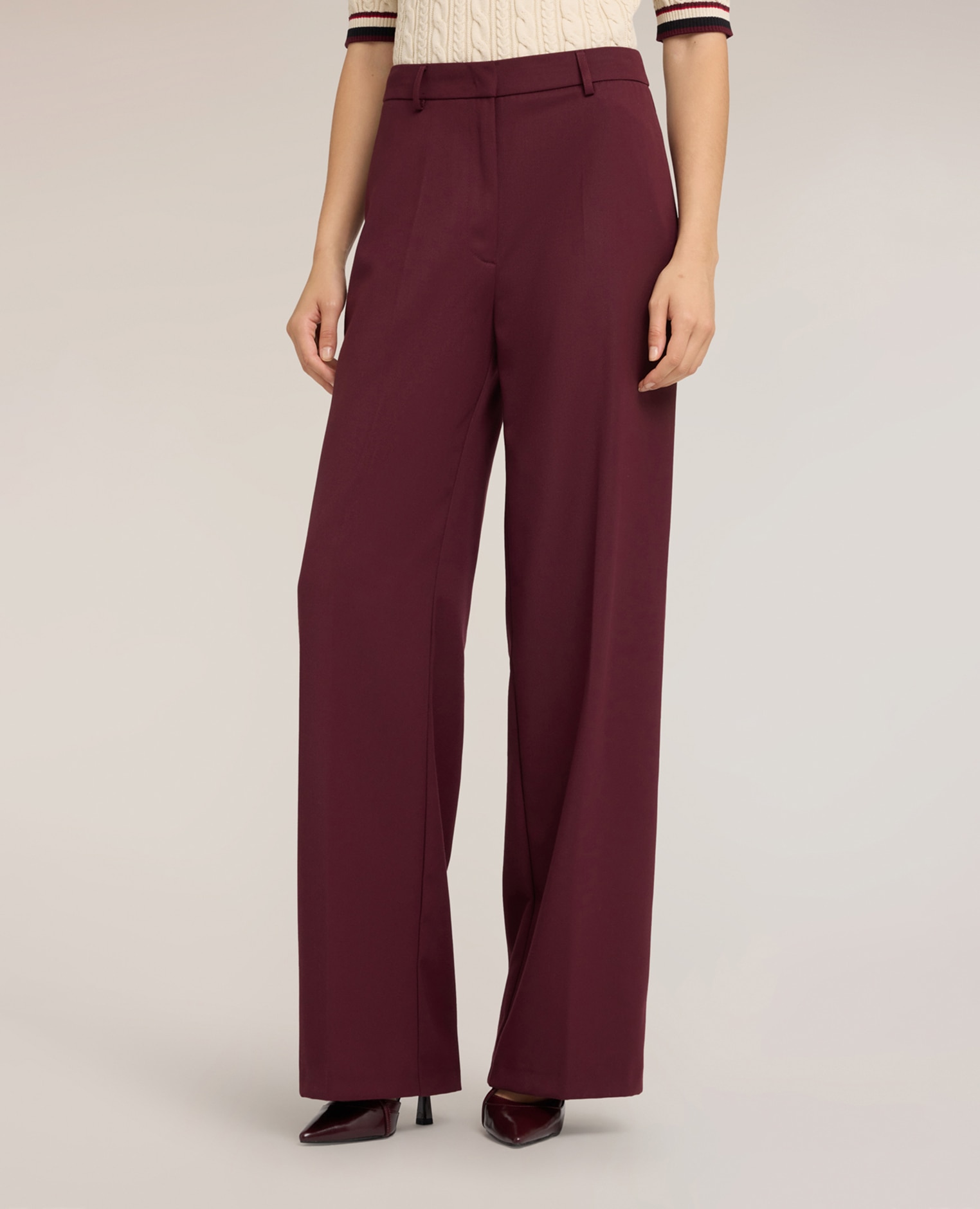 Pantalones de mujer palazzo con pliegue marcado ajuste ancho cierre con corchetes y cremallera - Motivi - Burdeos Burdeos-3