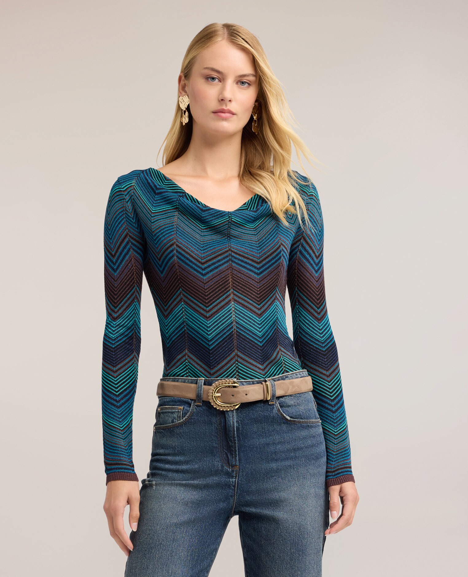 Jersey de mujer jacquard en viscosa mezcla lurex ajuste slim escote frontal con drapeado - Motivi - Turquesa Turquesa-1