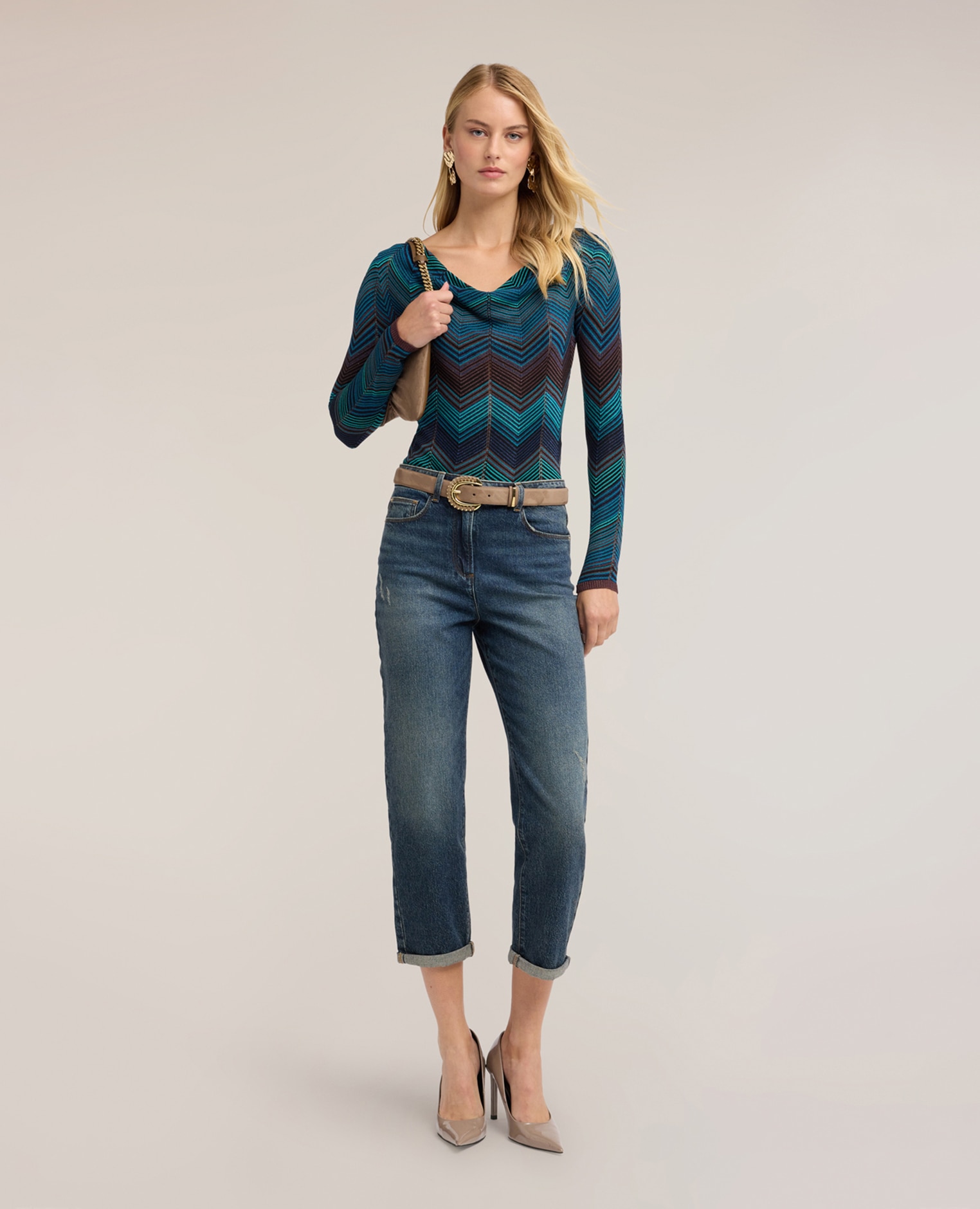 Jersey de mujer jacquard en viscosa mezcla lurex ajuste slim escote frontal con drapeado - Motivi - Turquesa Turquesa-3