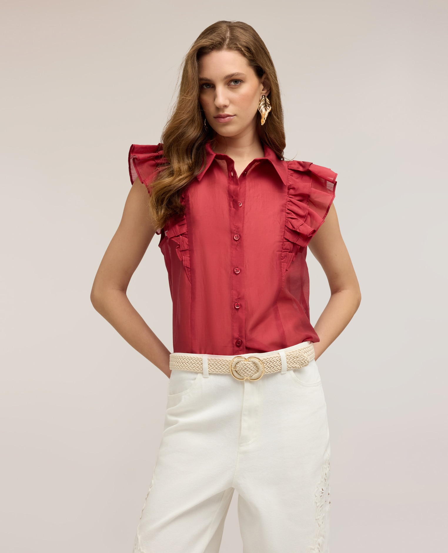 Camisa de mujer de muselina con volantes cuello clásico con botonadura frontal - Motivi - Rojo Rojo-1
