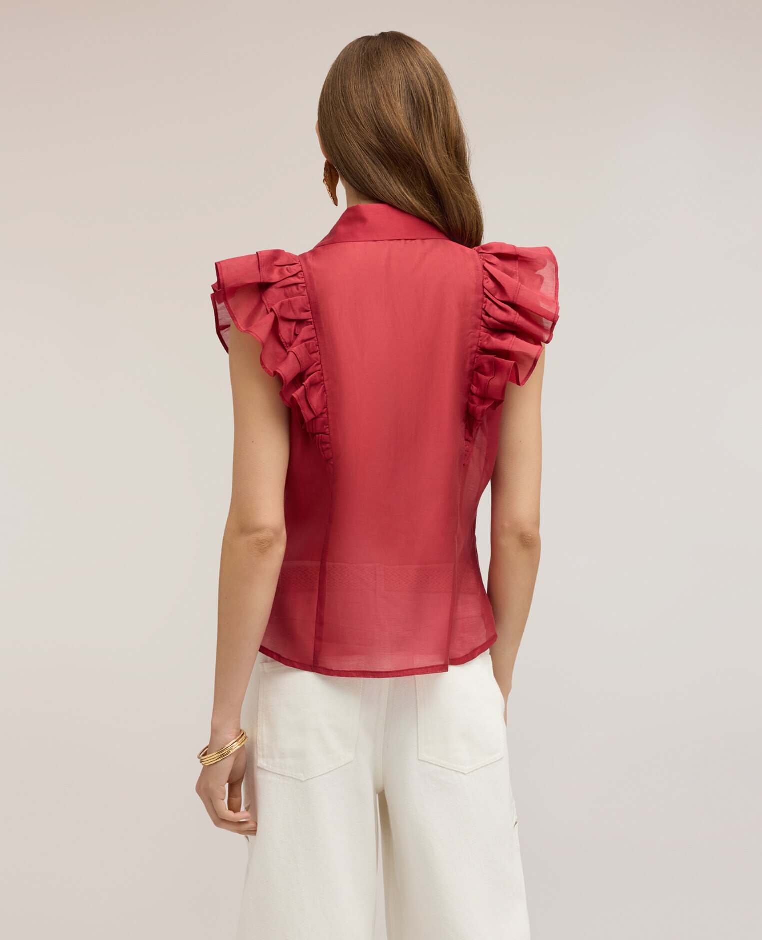 Camisa de mujer de muselina con volantes cuello clásico con botonadura frontal - Motivi - Rojo Rojo-2