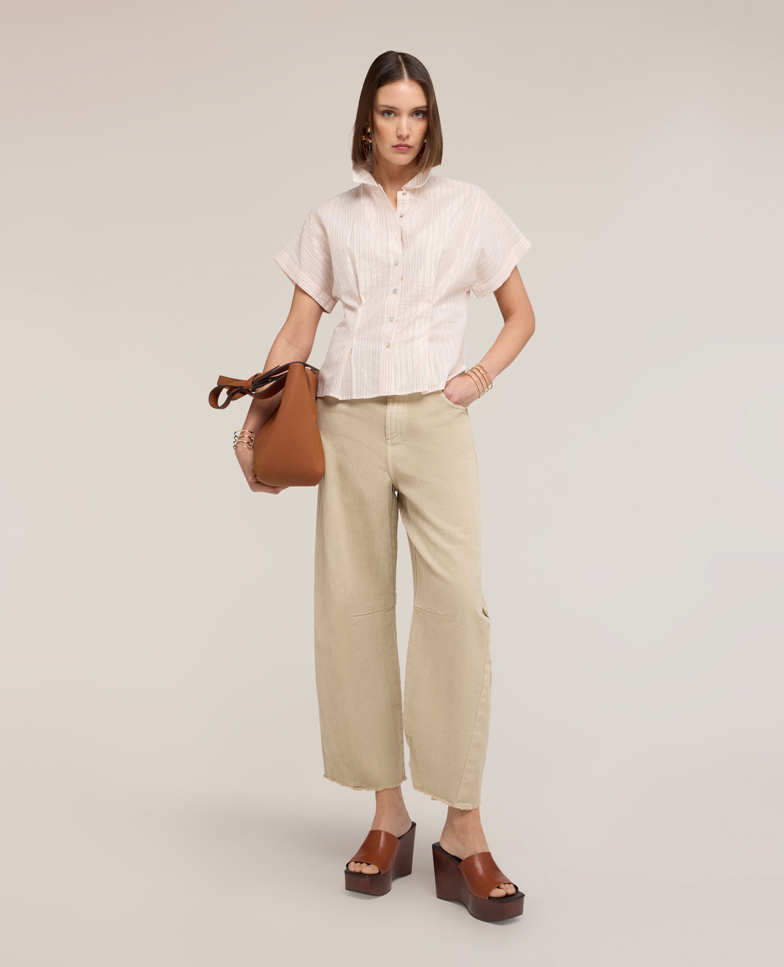 Pantalones de mujer balloon en drill de algodón abertura frontal con botón y cremallera - Motivi - Beige Beige-3
