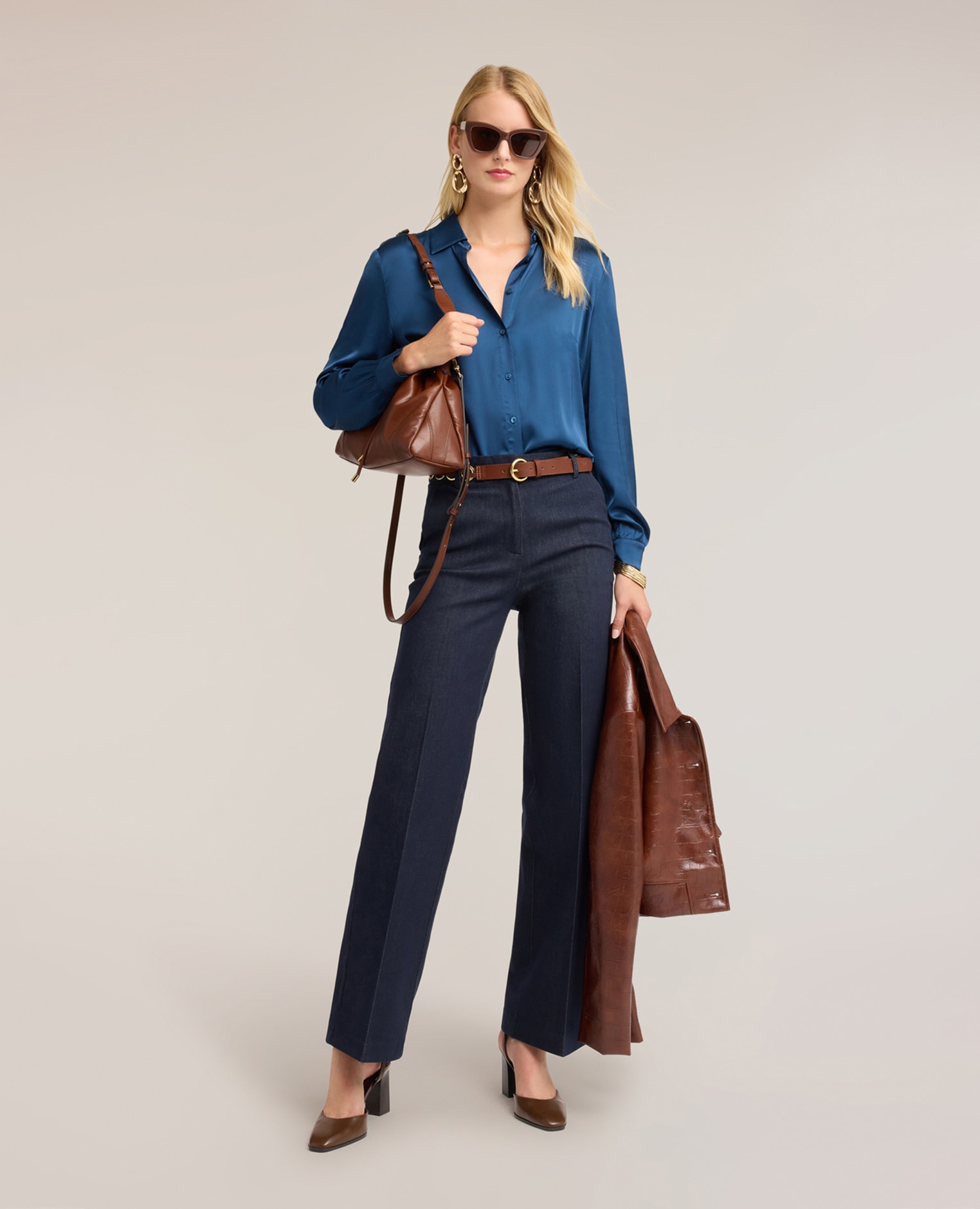 Camisa de mujer de satén ajuste regular abertura frontal con botones a la vista - Motivi - Azul Azul-3