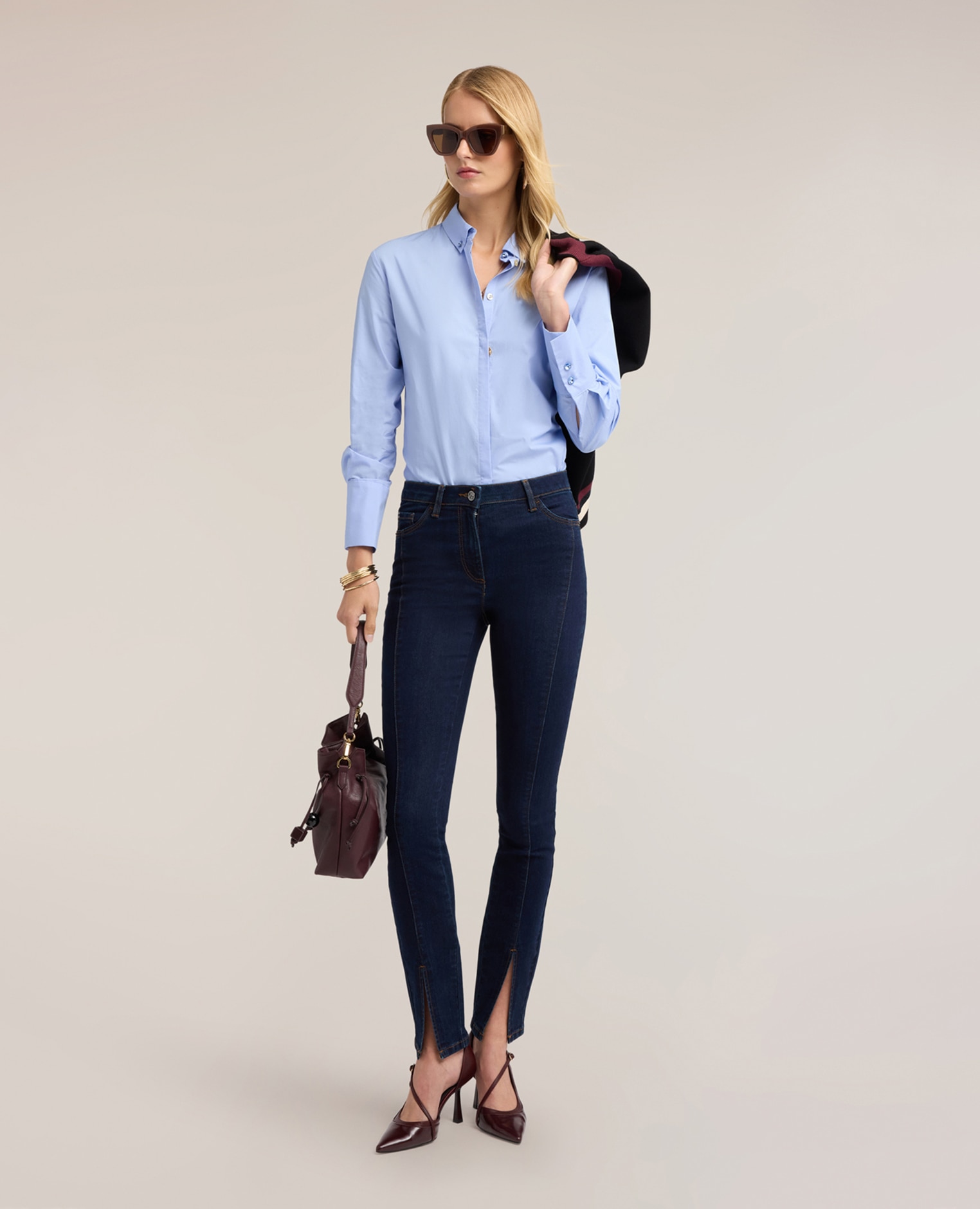 Camisa de mujer de popelín con cuello button-down ajuste regular abertura frontal con botonadura inglesa - Motivi - Azul claro Azul claro-3