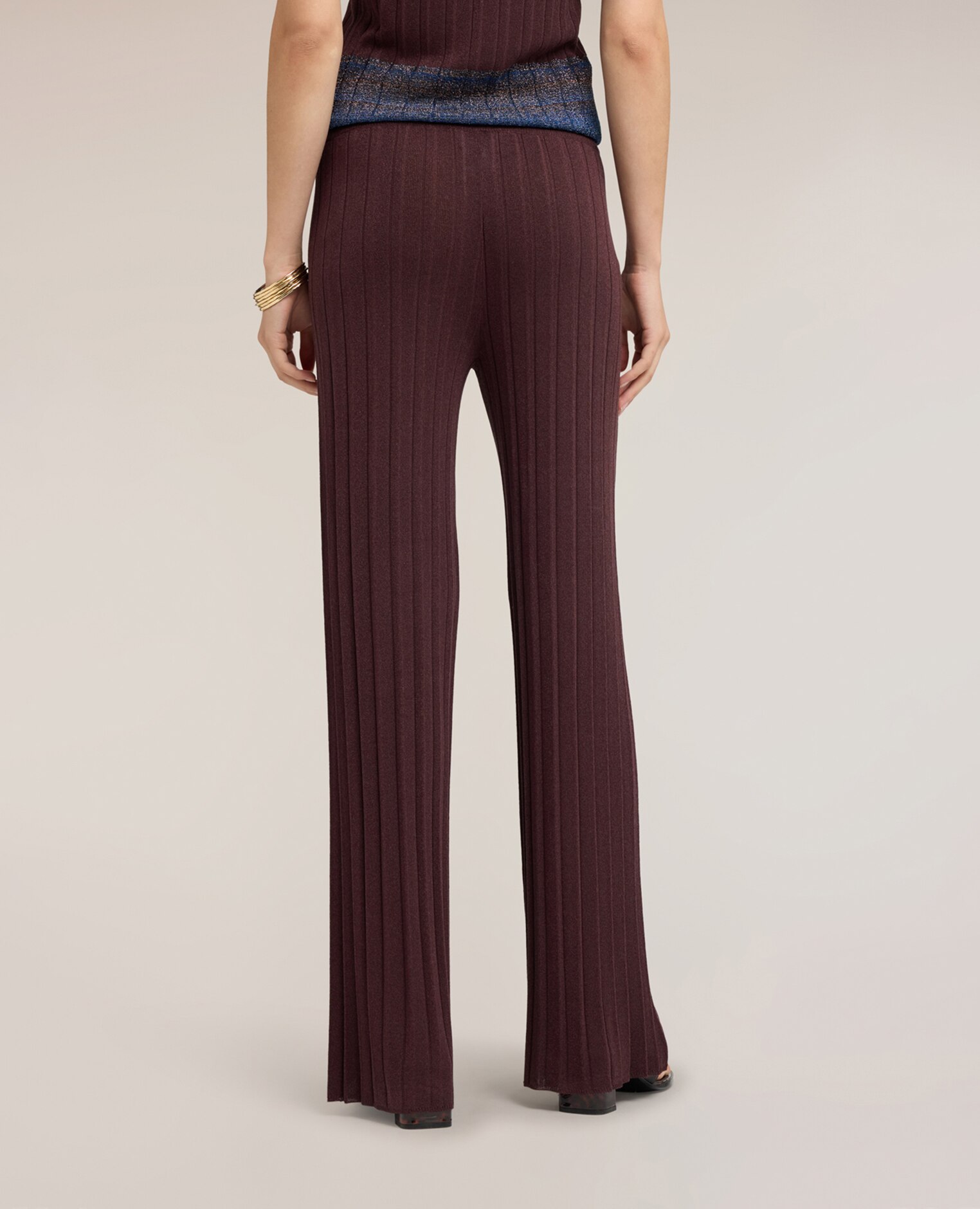 Pantalones de mujer palazzo plisados en punto de viscosa lurex ajuste ancho sin cierre - Motivi - Marrón Marrón-2