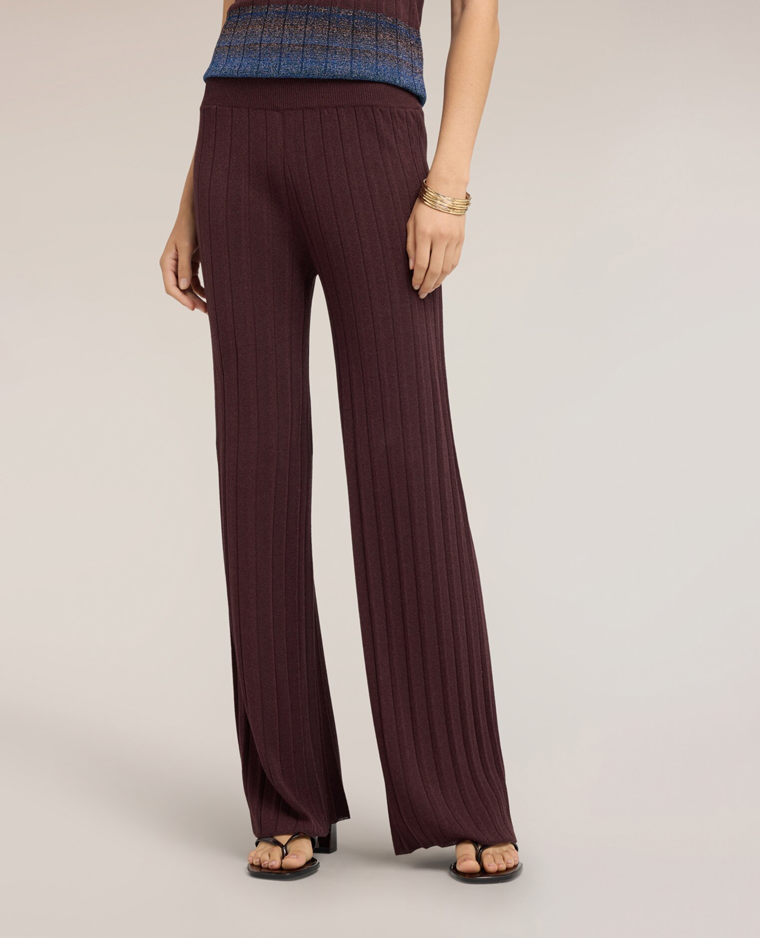 Pantalones de mujer palazzo plisados en punto de viscosa lurex ajuste ancho sin cierre - Motivi - Marrón Marrón-3