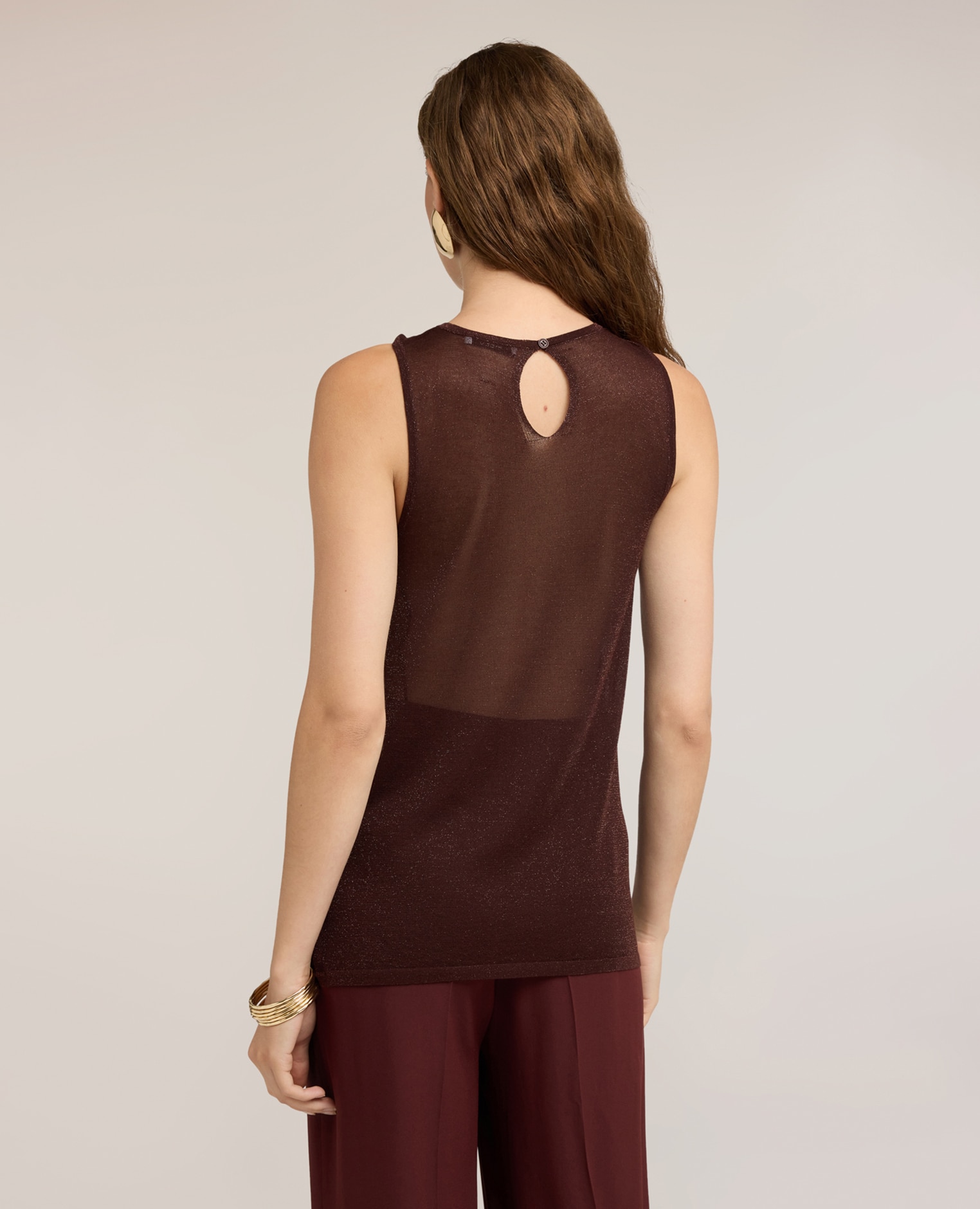 Jersey de mujer fino de lurex con drapeado y cut-out longitud media ajuste entallado - Motivi - Marrón Marrón-2