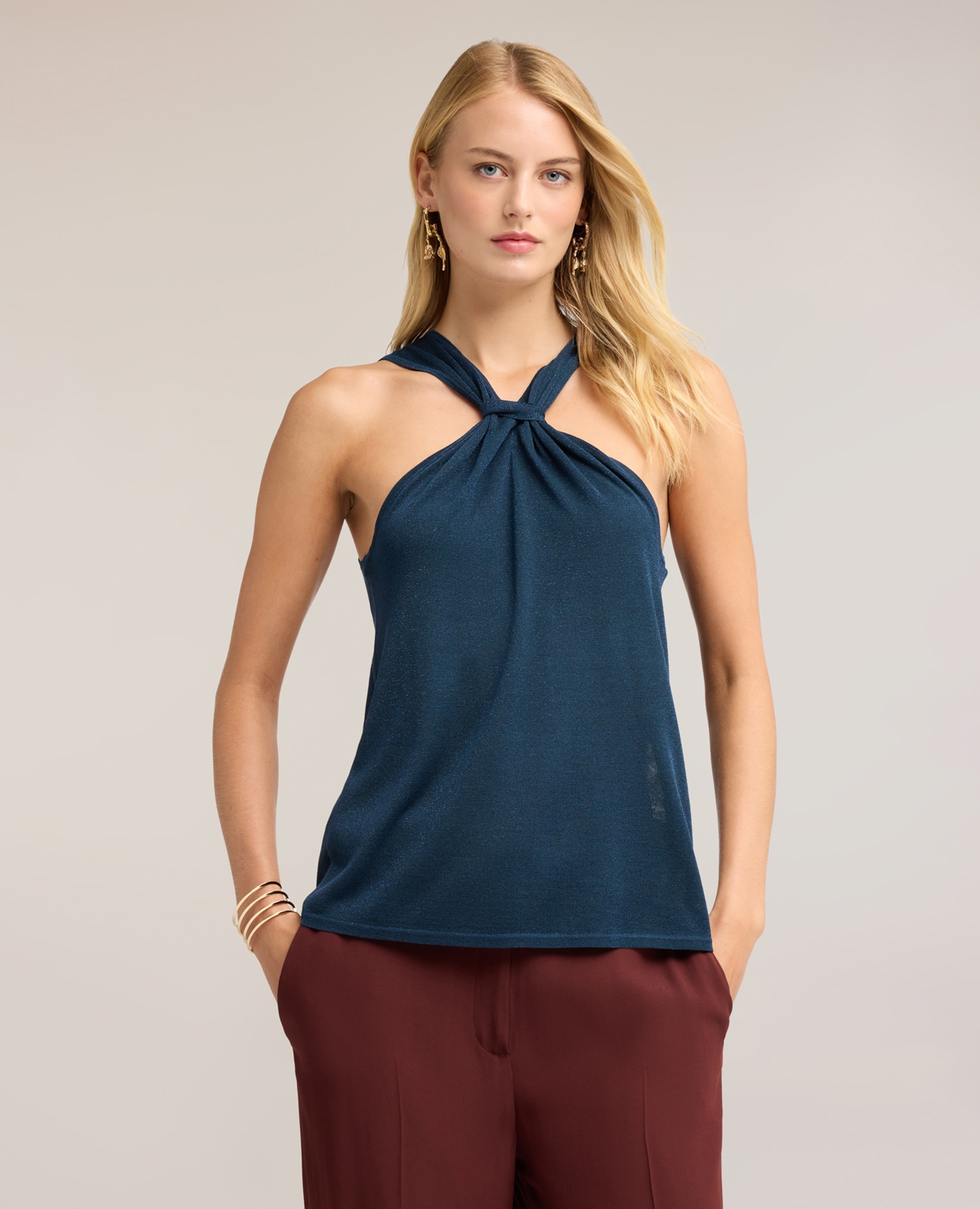 Jersey de mujer fino de lurex con drapeado y cut-out longitud media ajuste entallado - Motivi - Azul Azul-1