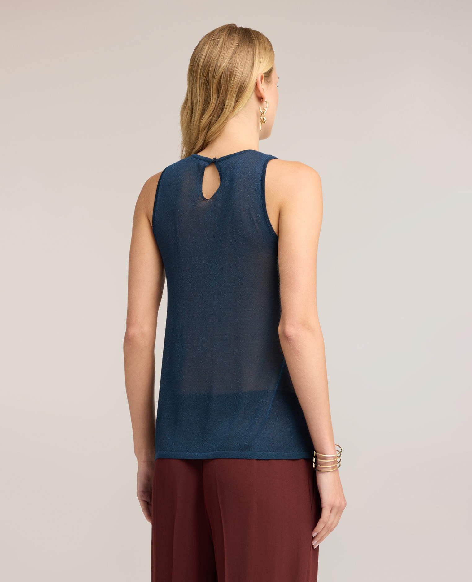 Jersey de mujer fino de lurex con drapeado y cut-out longitud media ajuste entallado - Motivi - Azul Azul-2