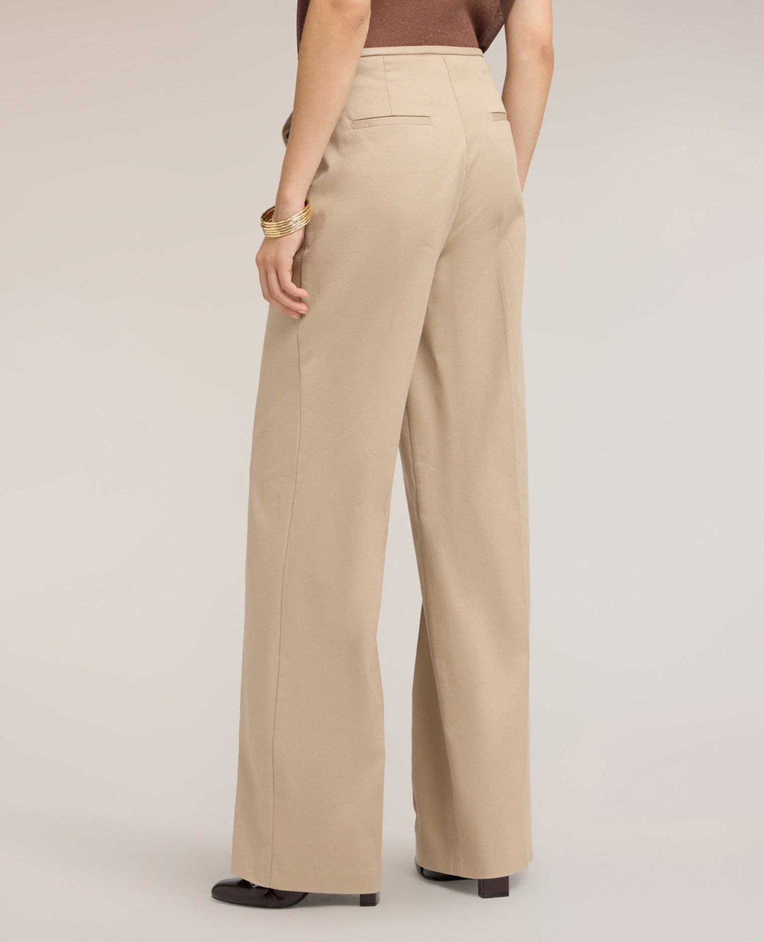 Pantalones de mujer palazzo de gabardina con pliegue planchado talle alto ajuste ancho - Motivi - Beige Beige-2