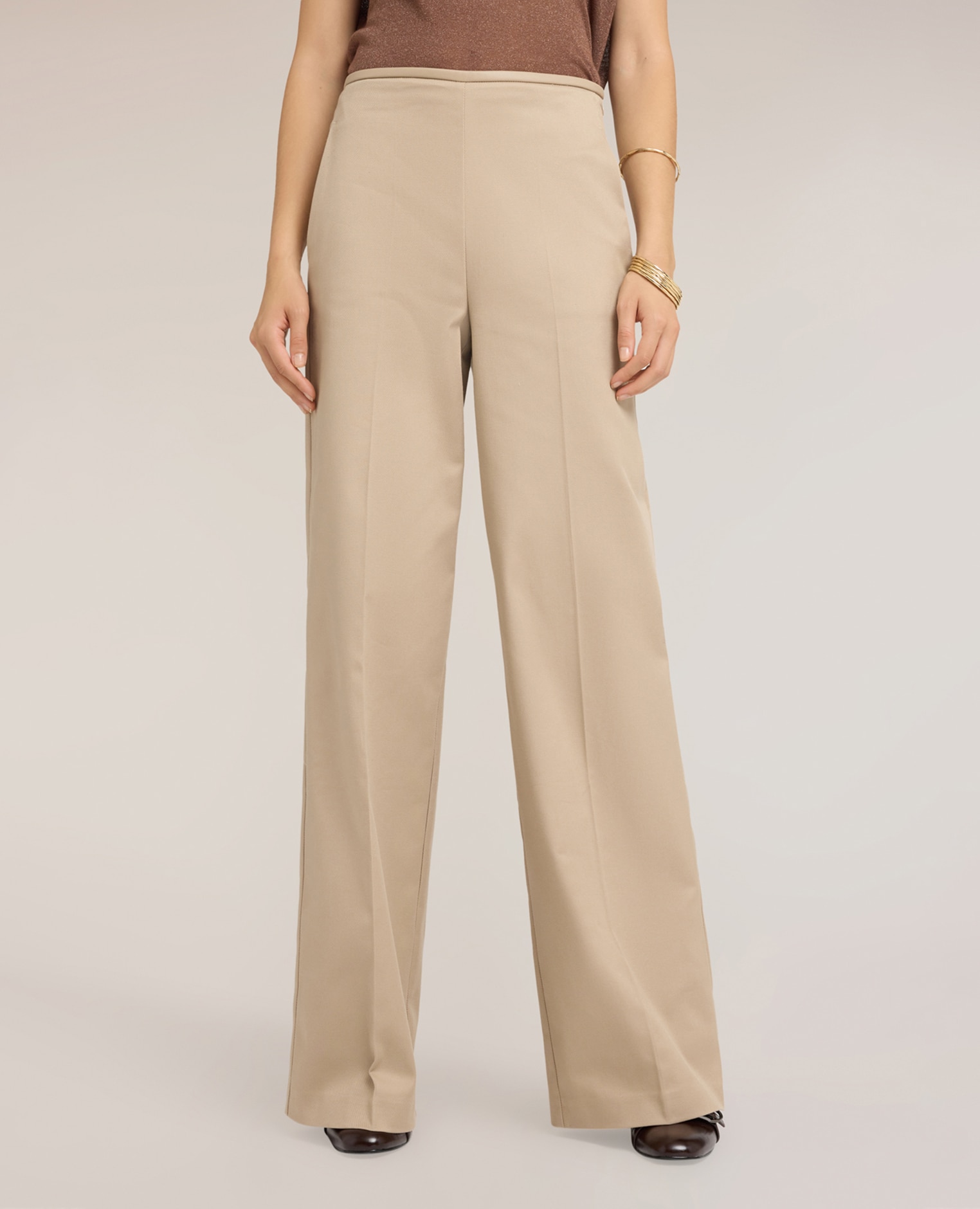 Pantalones de mujer palazzo de gabardina con pliegue planchado talle alto ajuste ancho - Motivi - Beige Beige-4
