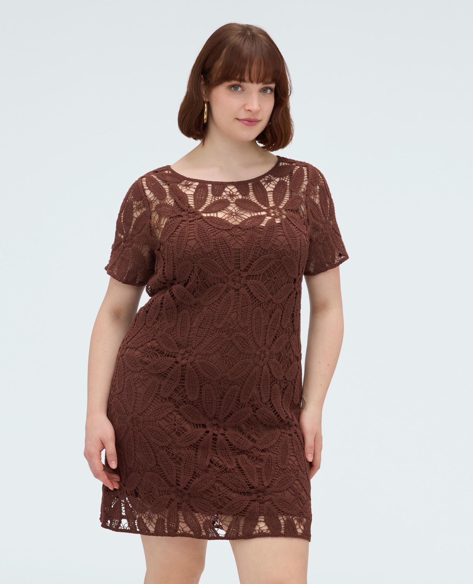 Vestido corto crochet cómoda combinación - Fiorella Rubino - Marrón Marrón-3