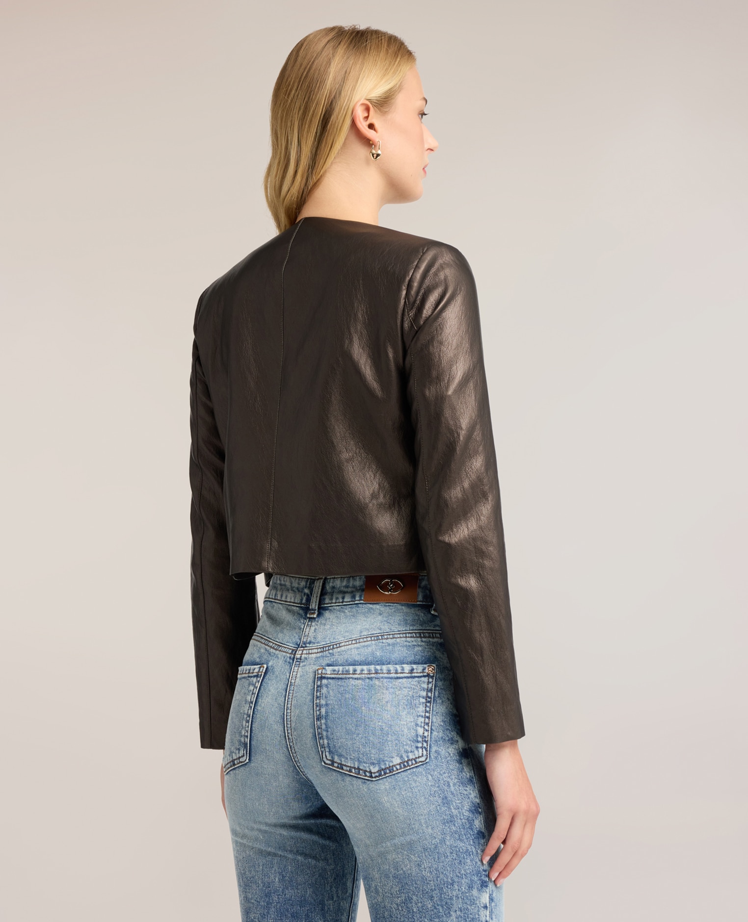 Chaqueta de mujer sin cuello con cremallera corte corto ajuste regular - Motivi - Marrón Marrón-2