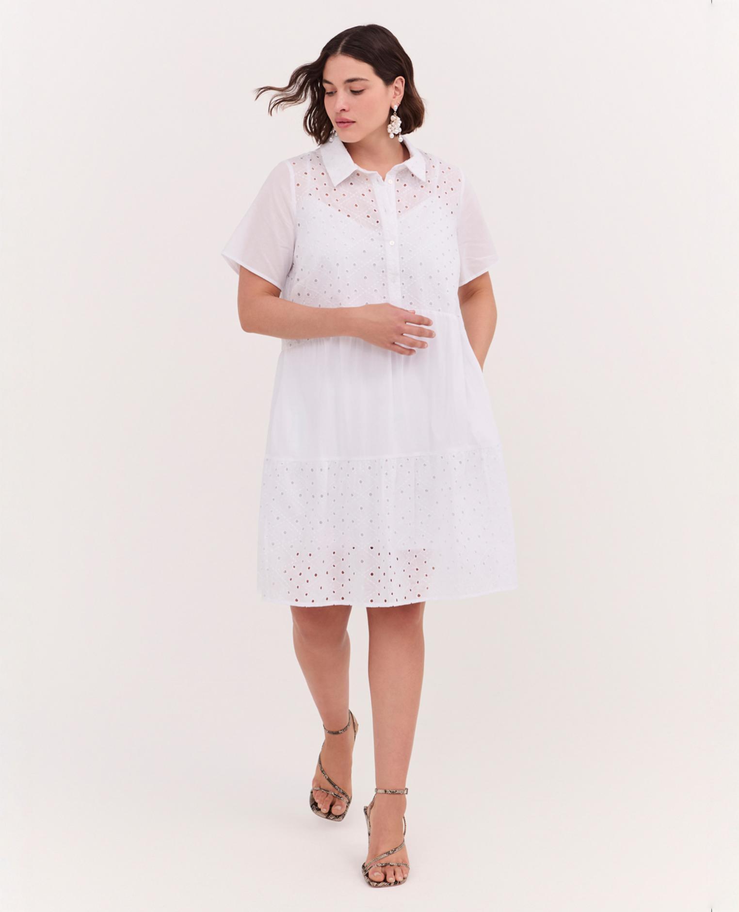 Vestido con volantes smile en color sangallo cuello clásico botones y forro cómodo - Fiorella Rubino - Blanco Blanco-1