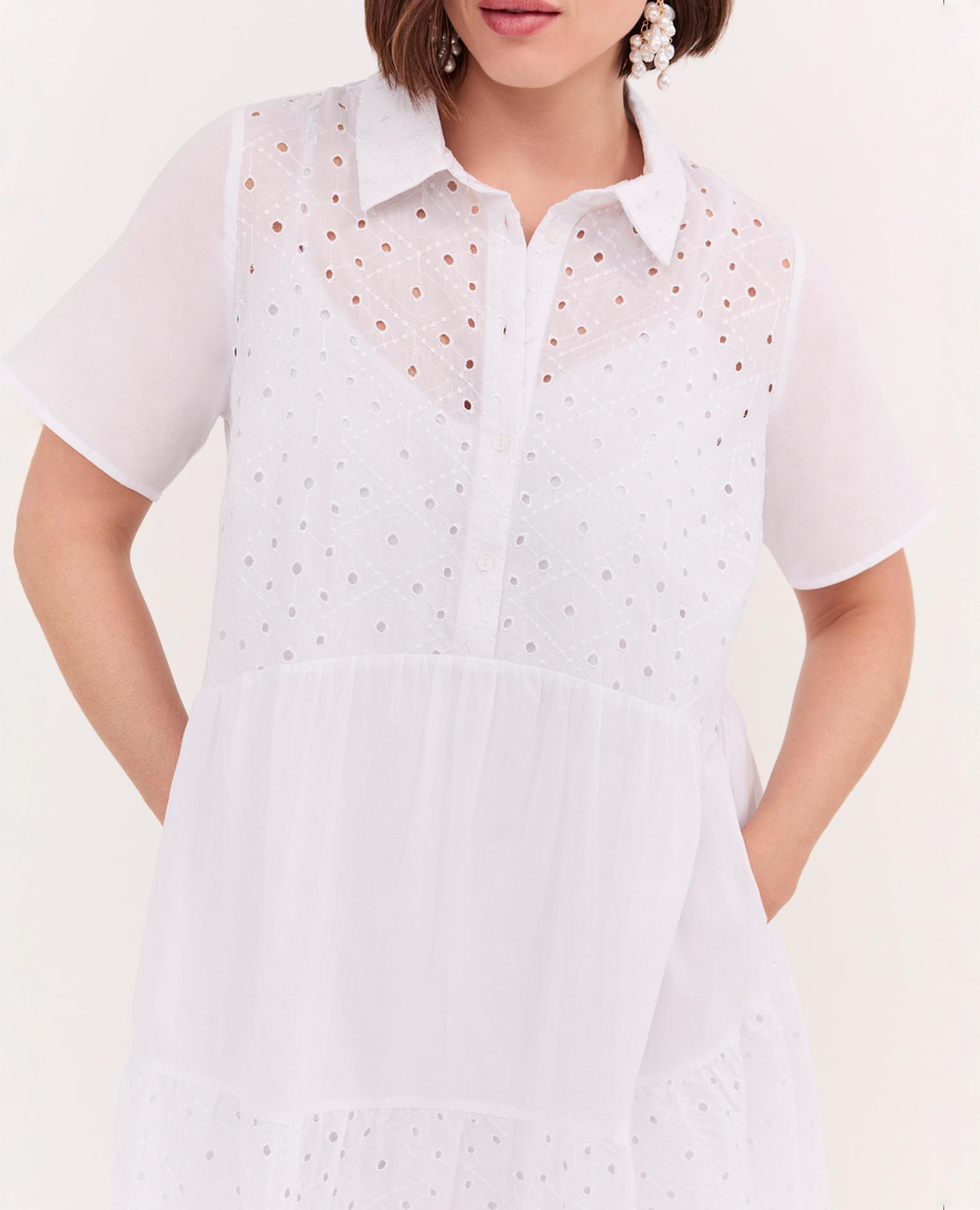 Vestido con volantes smile en color sangallo cuello clásico botones y forro cómodo - Fiorella Rubino - Blanco Blanco-3
