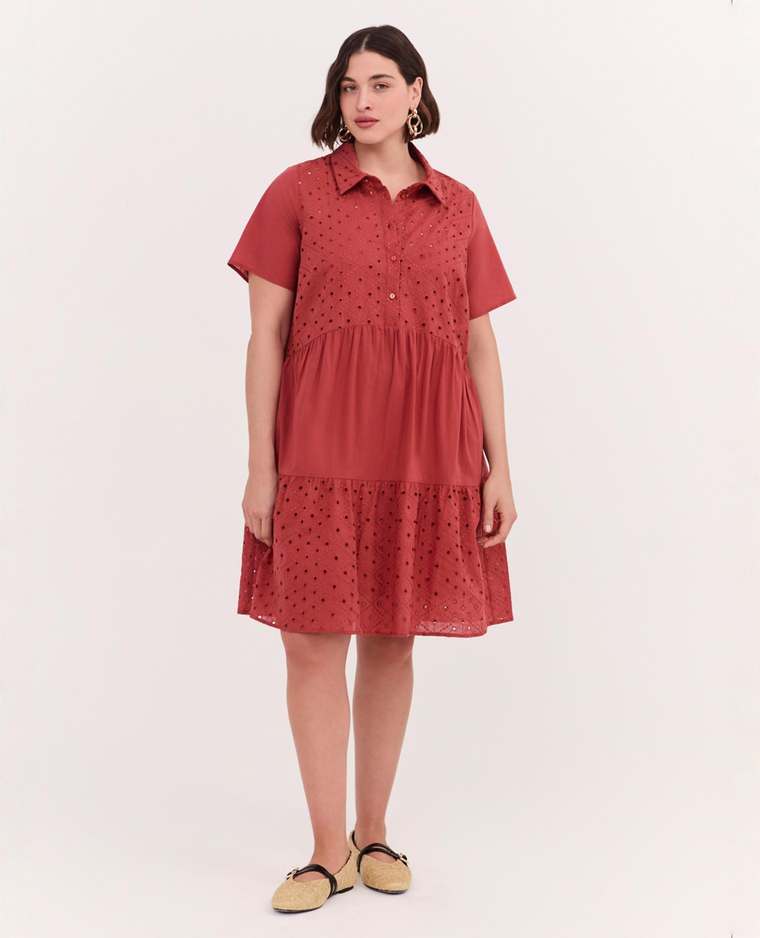 Vestido con volantes smile en color sangallo cuello clásico botones y forro cómodo - Fiorella Rubino - Naranja Naranja-1