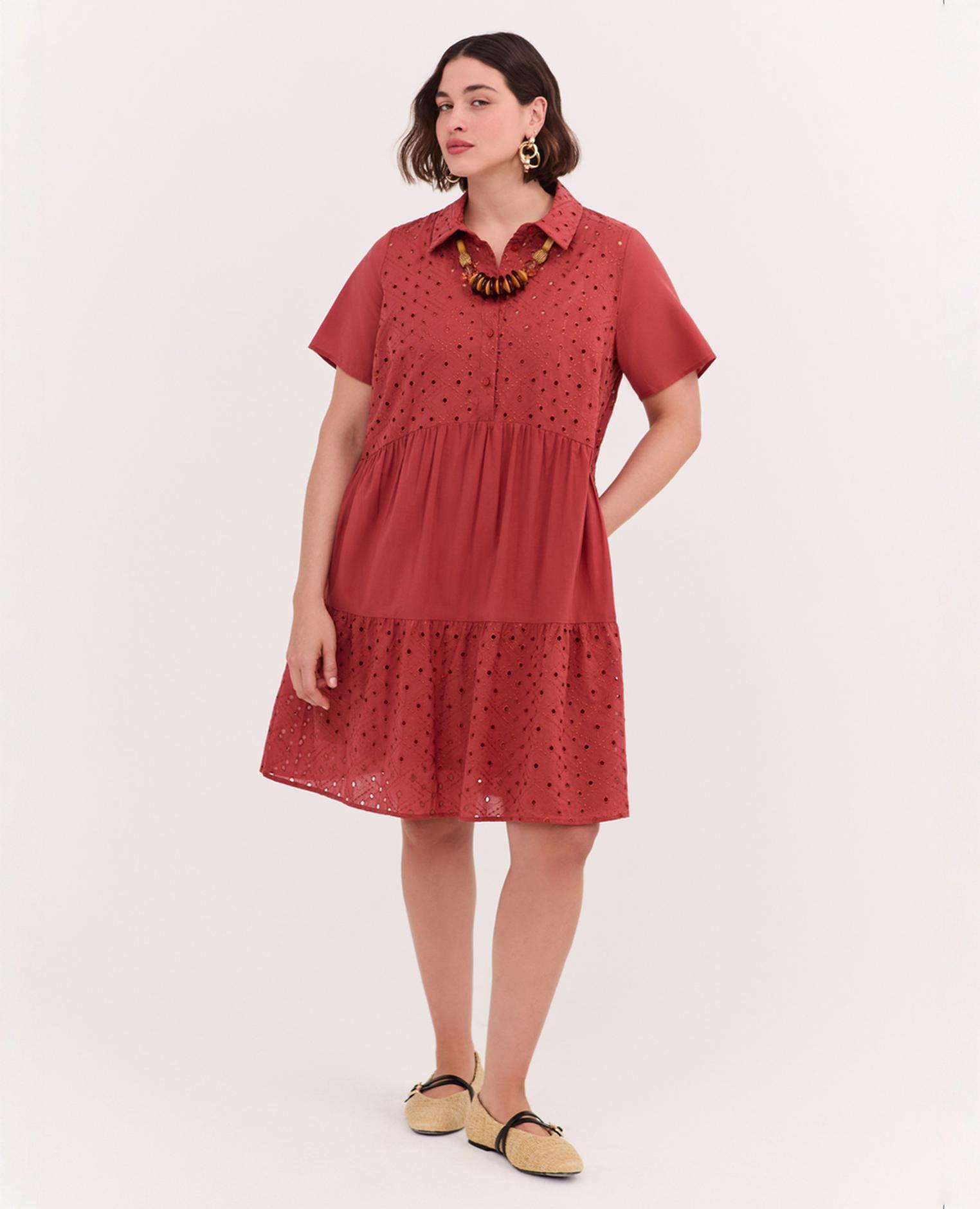 Vestido con volantes smile en color sangallo cuello clásico botones y forro cómodo - Fiorella Rubino - Naranja Naranja-4