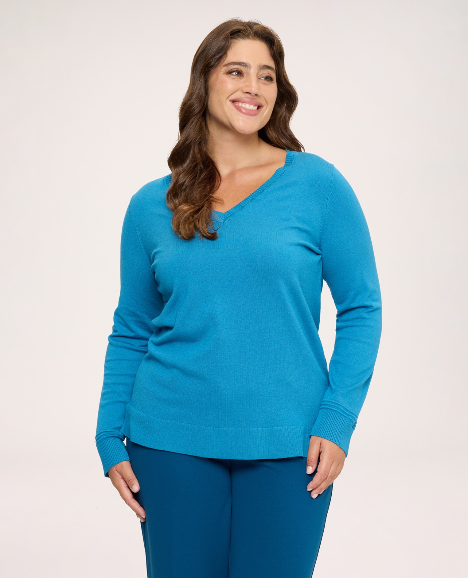 Jersey de mujer escote en v en mezcla de viscosa bordes acabados con canalé en puños y bajo mangas largas - Fiorella Rubino - Turquesa Turquesa-1