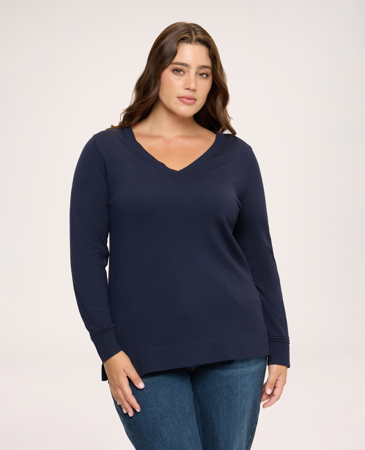 Jersey de mujer escote en v en mezcla de viscosa bordes acabados con canalé en puños y bajo mangas largas - Fiorella Rubino - Azul Azul-1