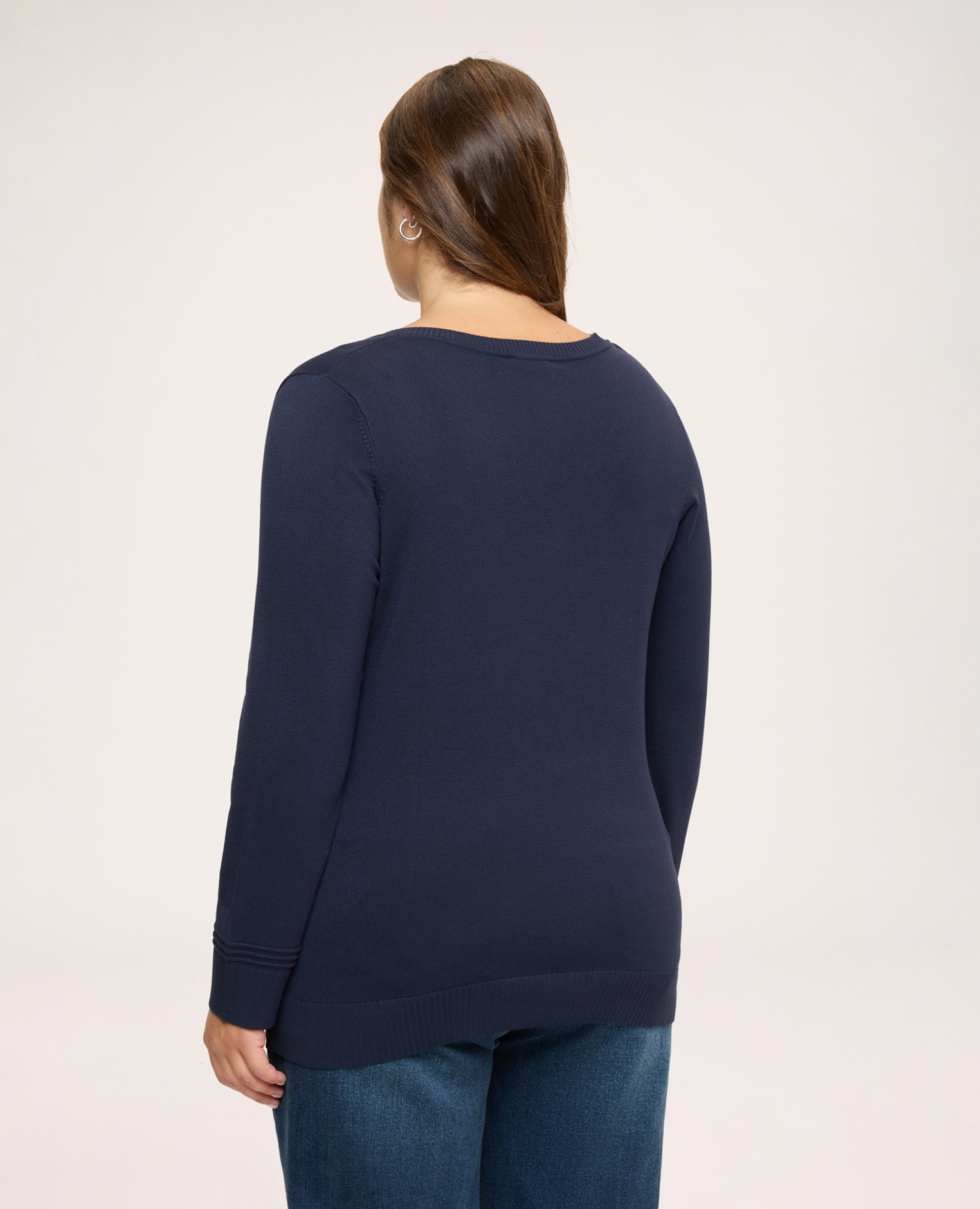 Jersey de mujer escote en v en mezcla de viscosa bordes acabados con canalé en puños y bajo mangas largas - Fiorella Rubino - Azul Azul-2