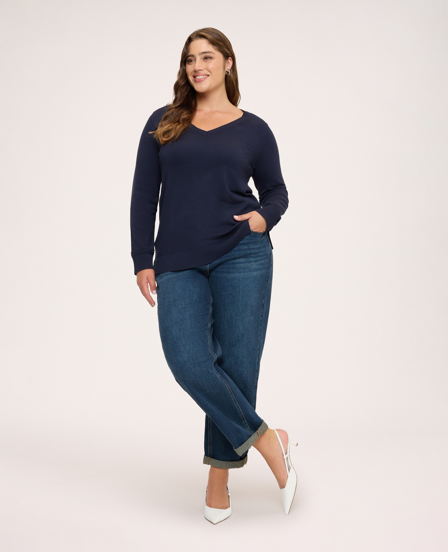 Jersey de mujer escote en v en mezcla de viscosa bordes acabados con canalé en puños y bajo mangas largas - Fiorella Rubino - Azul Azul-3