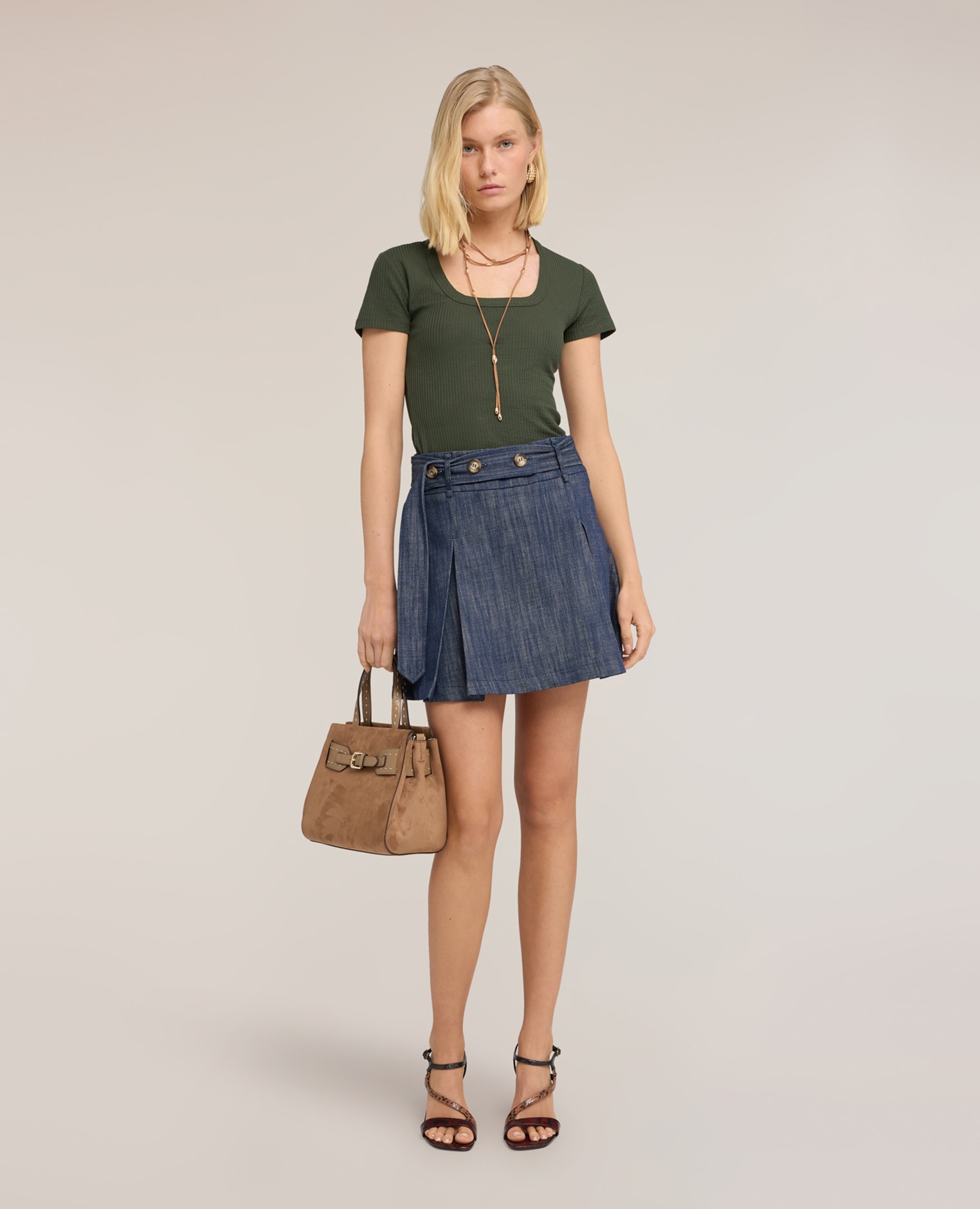 Minifalda de mujer con pliegues y botones cinturón con aplicaciones de botones decorativos cierre con cremallera - Motivi - Azul Azul-1