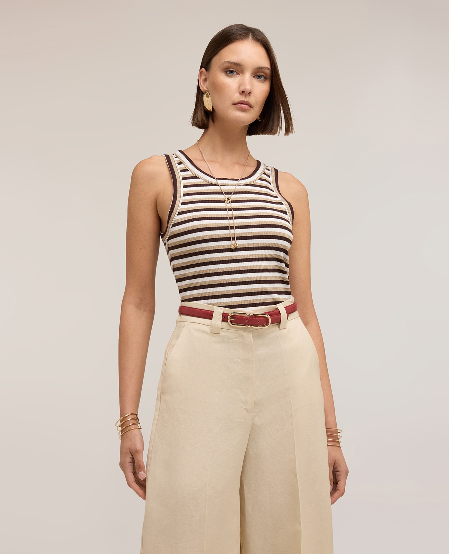 Top de mujer de rayas en mezcla de viscosa lurex ajuste entallado - Motivi - Marrón Marrón-1