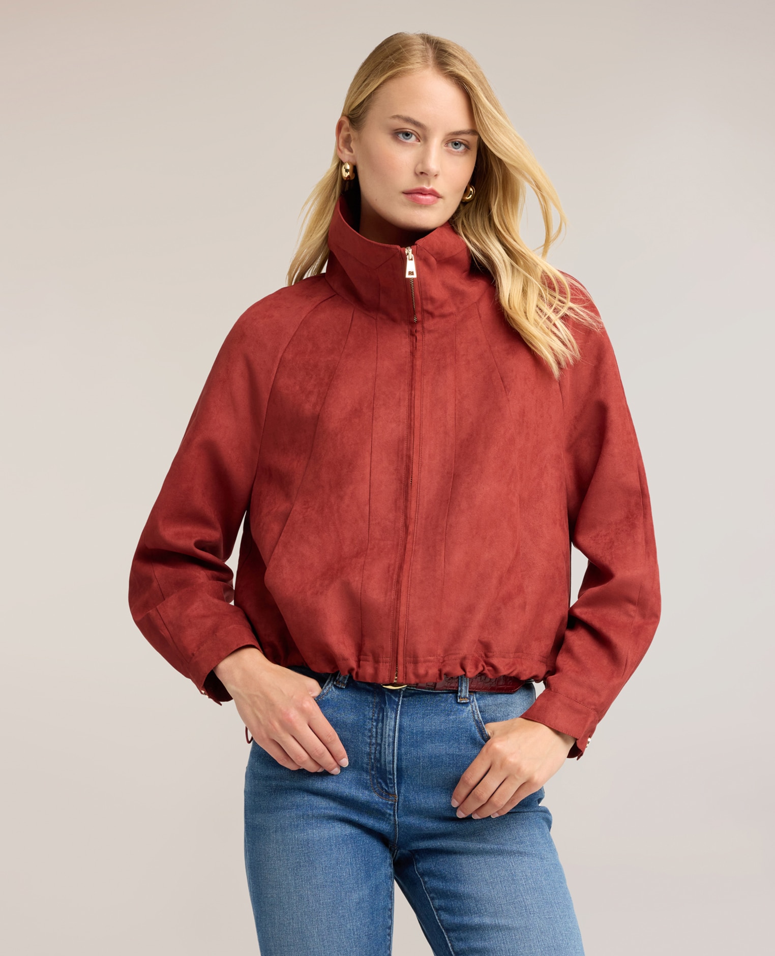 Chaqueta de mujer corta con cuello alto y cremallera ajuste oversize corte corto - Motivi - Rojo Rojo-1
