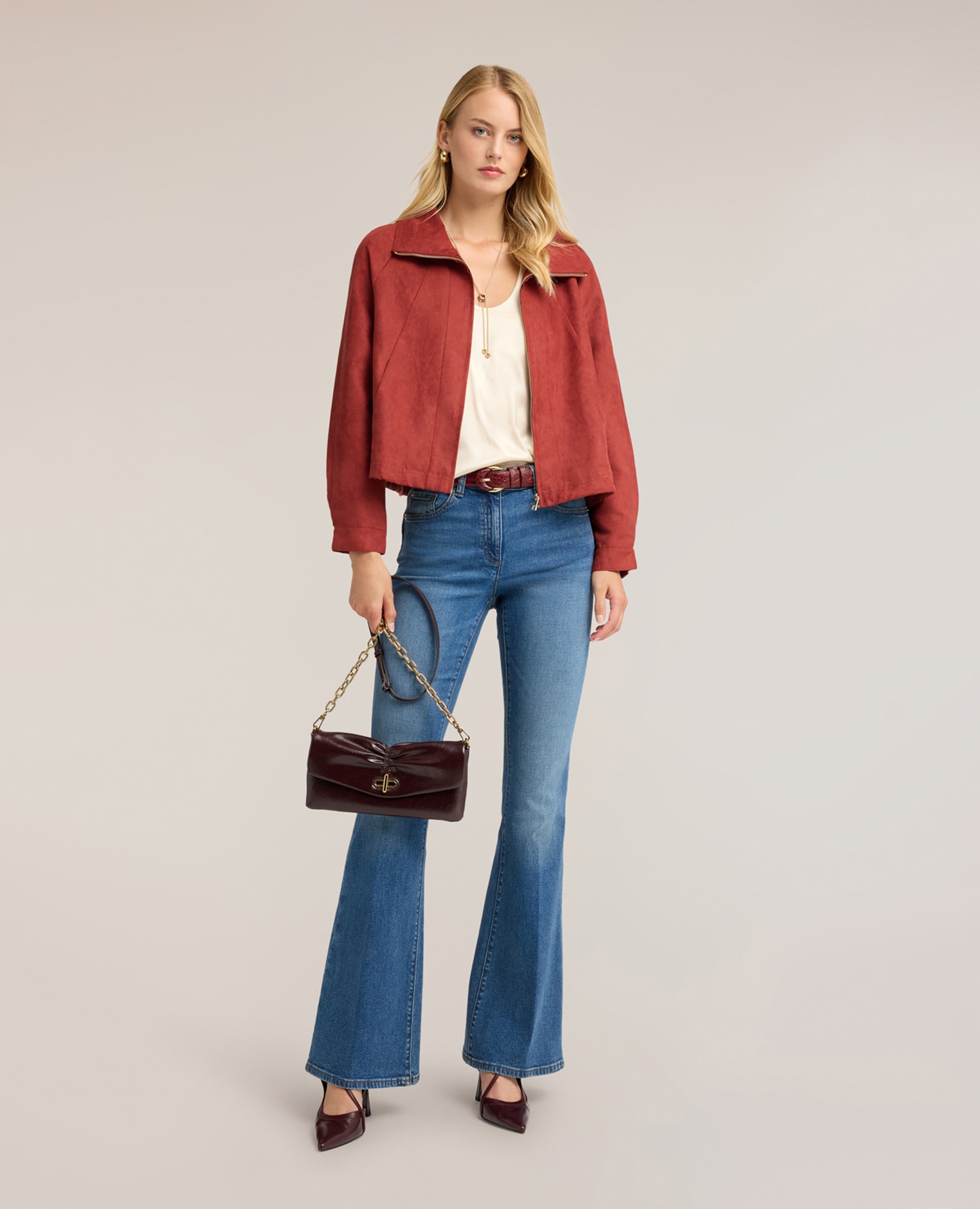Chaqueta de mujer corta con cuello alto y cremallera ajuste oversize corte corto - Motivi - Rojo Rojo-3