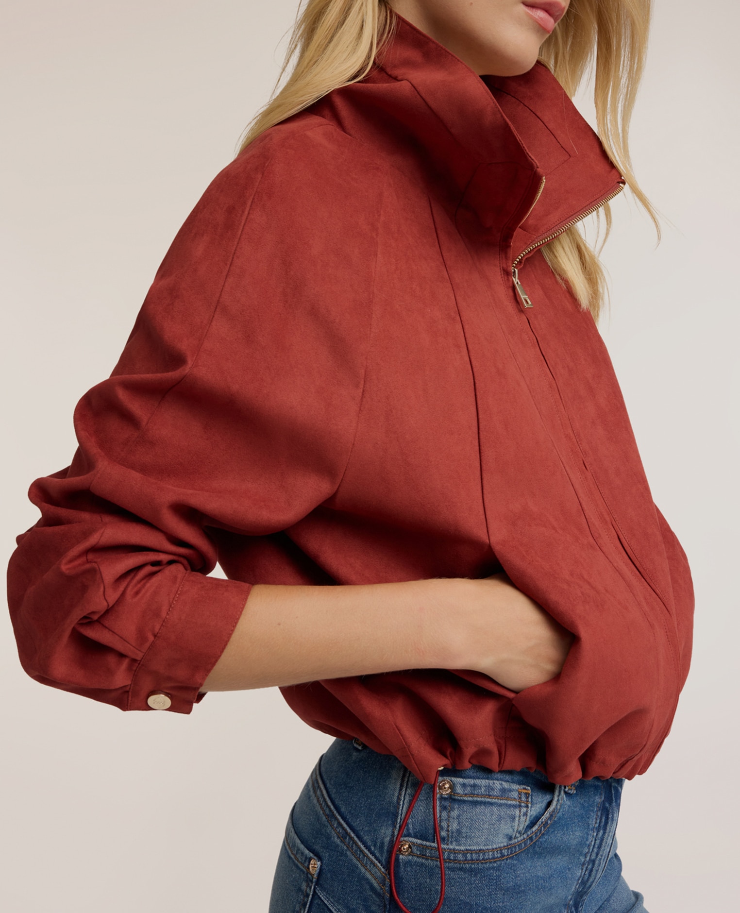 Chaqueta de mujer corta con cuello alto y cremallera ajuste oversize corte corto - Motivi - Rojo Rojo-4