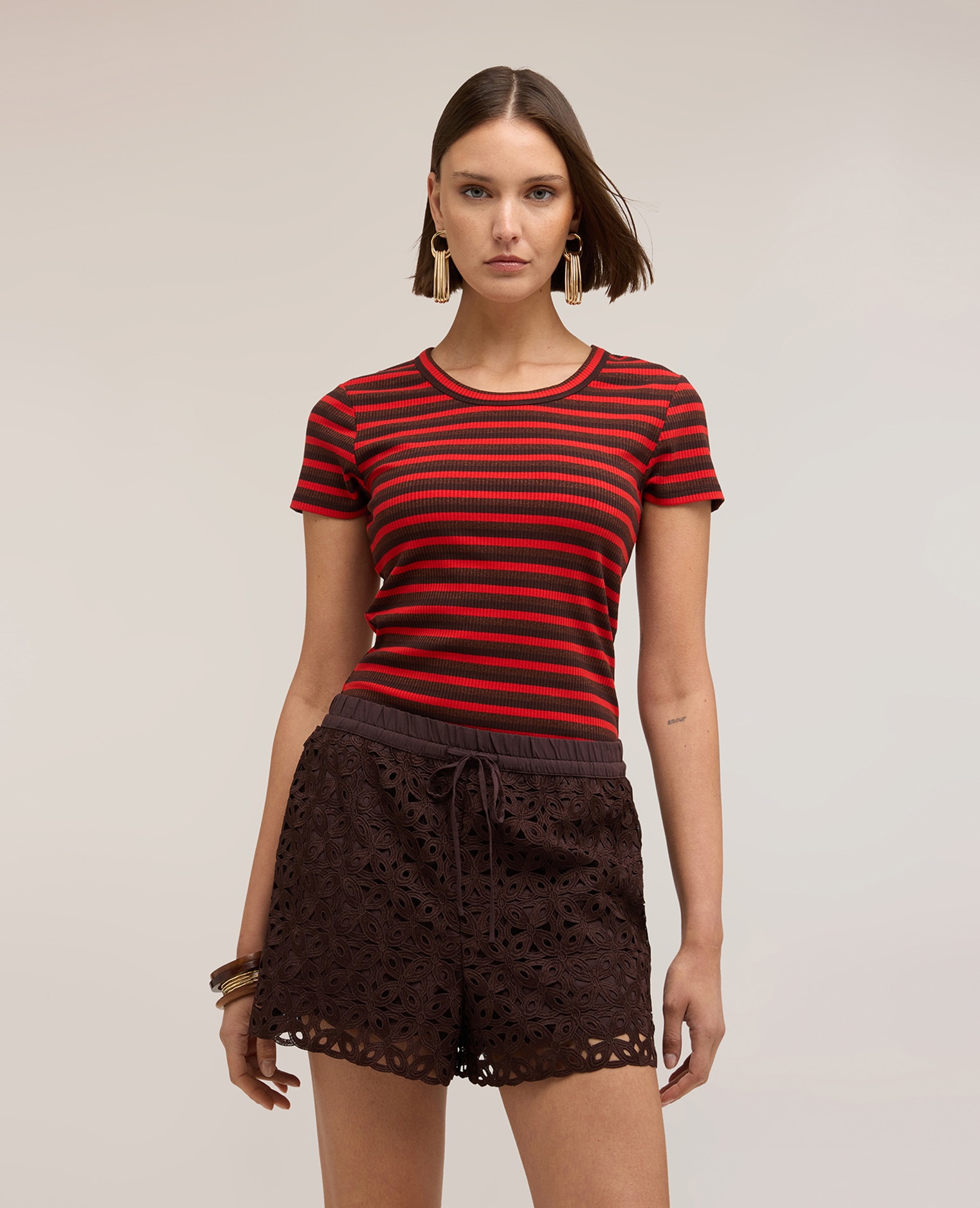 Motivi - Camiseta de mujer de rayas en jersey mezcla lurex ajuste entallado.