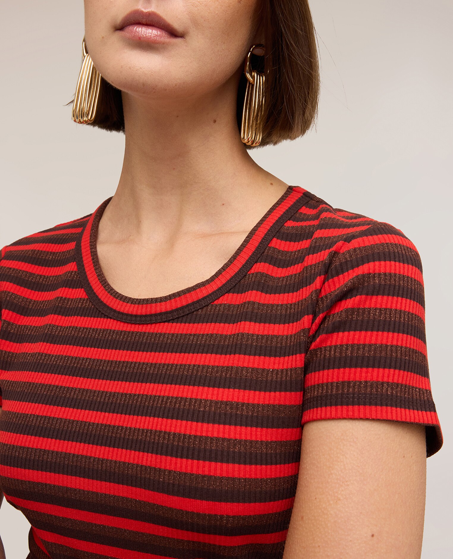Camiseta de mujer de rayas en jersey mezcla lurex ajuste entallado - Motivi - Rojo Rojo-4