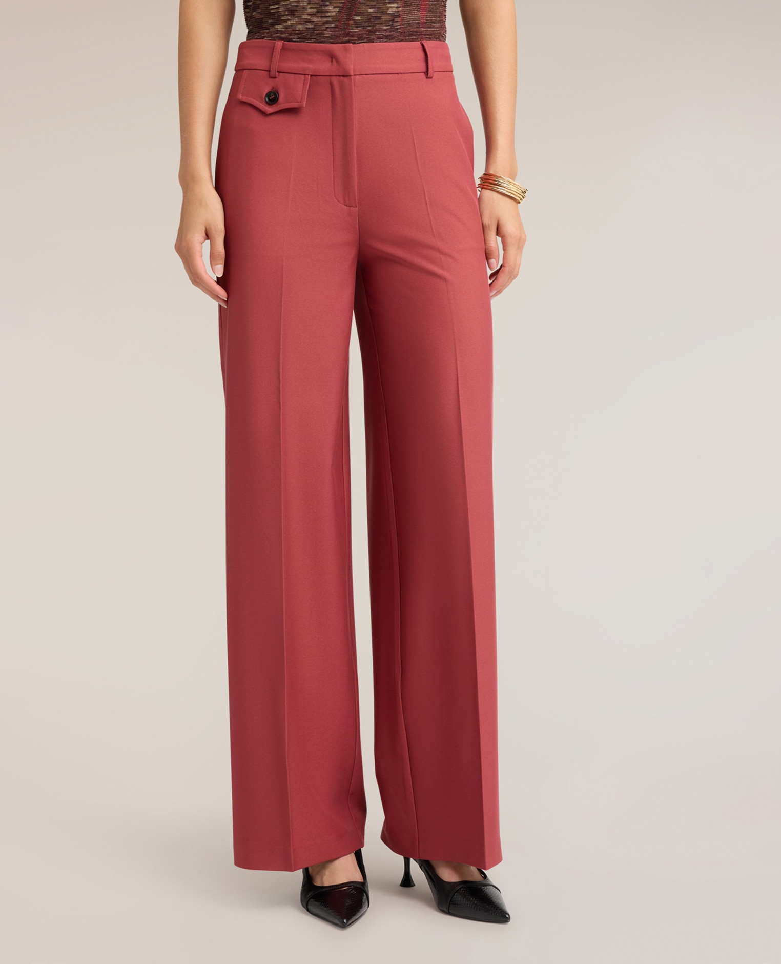 Pantalones de mujer palazzo fluidos con pliegue marcado abertura frontal con botón y cremallera oculta - Motivi - Rojo Rojo-3