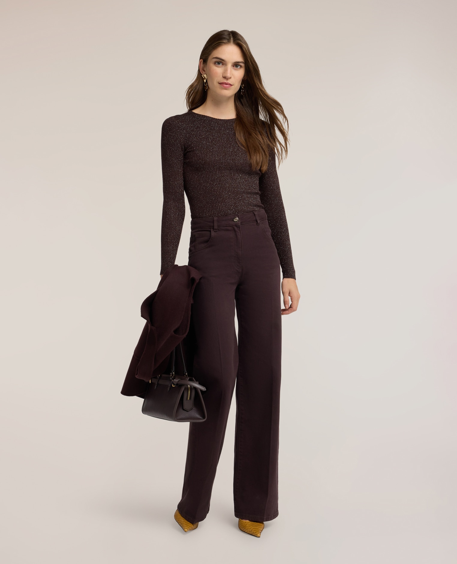 Pantalones de mujer palazzo de dril con pliegue marcado modelo de cinco bolsillos abertura frontal con botón y cremallera - Motivi - Marrón Marrón-1