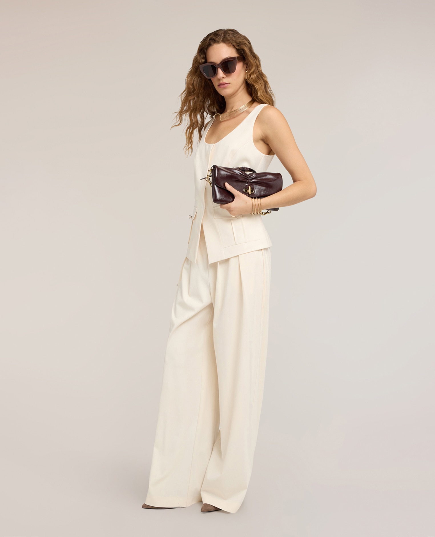 Pantalones de mujer palazzo de talle alto con pinzas ajuste ancho con pinzas delanteras - Motivi - Blanco Blanco-1