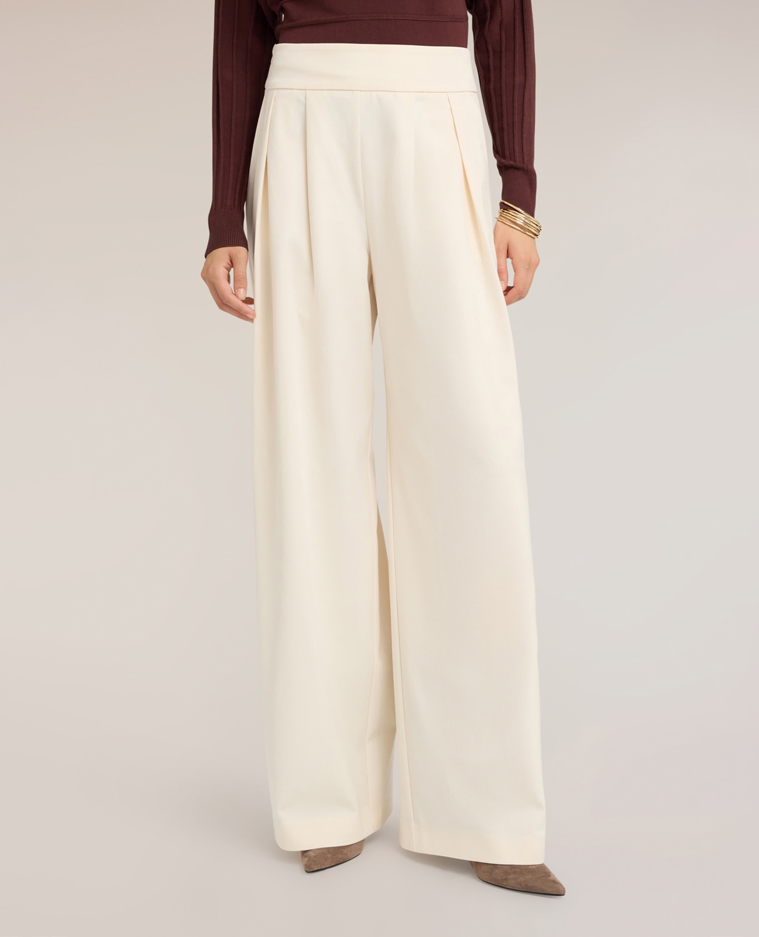 Pantalones de mujer palazzo de talle alto con pinzas ajuste ancho con pinzas delanteras - Motivi - Blanco Blanco-3