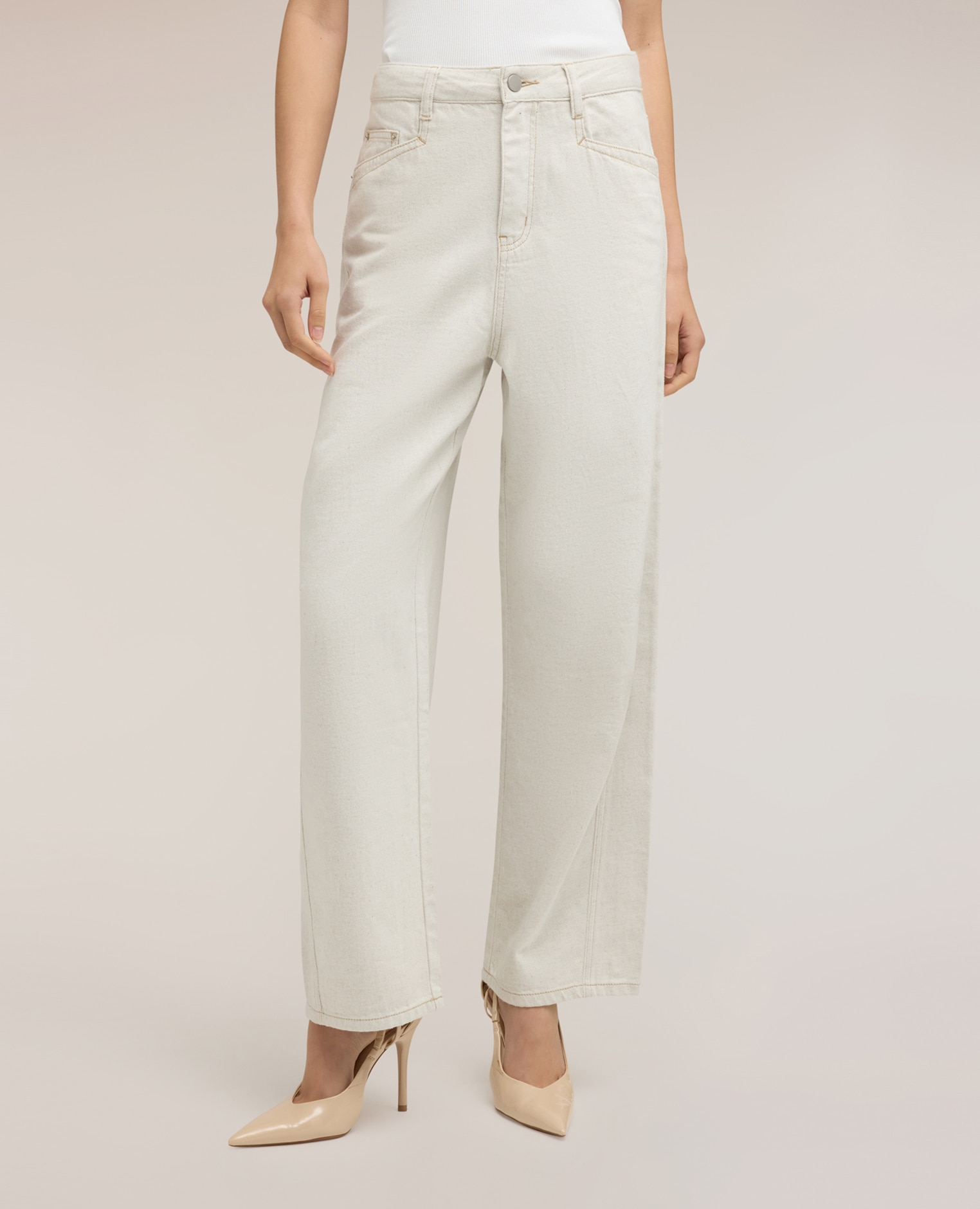 Pantalones de mujer barrel en drill mezcla de lino cierre frontal con botón y cremallera - Motivi - Blanco Blanco-3