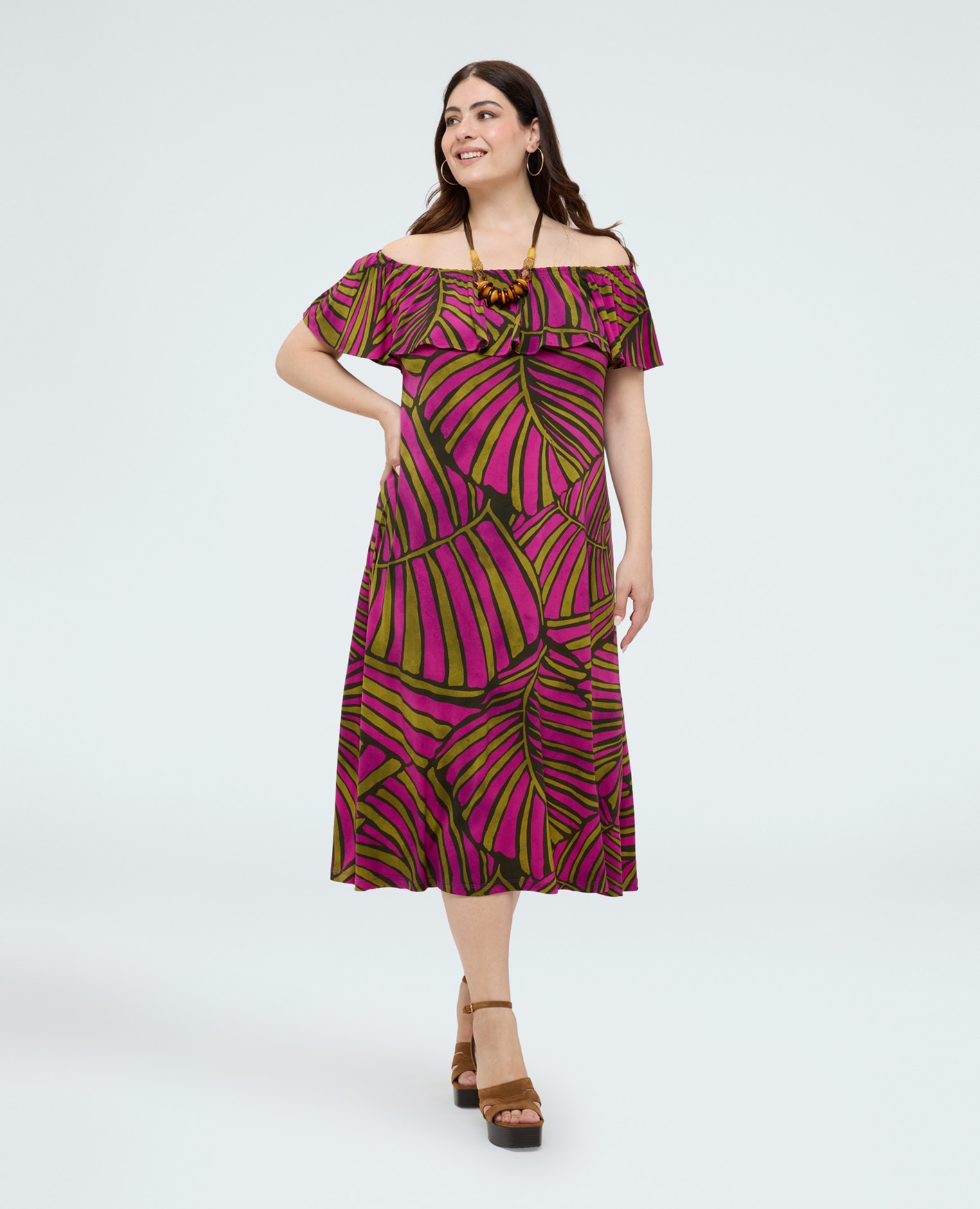 Vestido chill off shoulder con estampado volante drapeado en el escote - Fiorella Rubino - Fucsia Fucsia-3