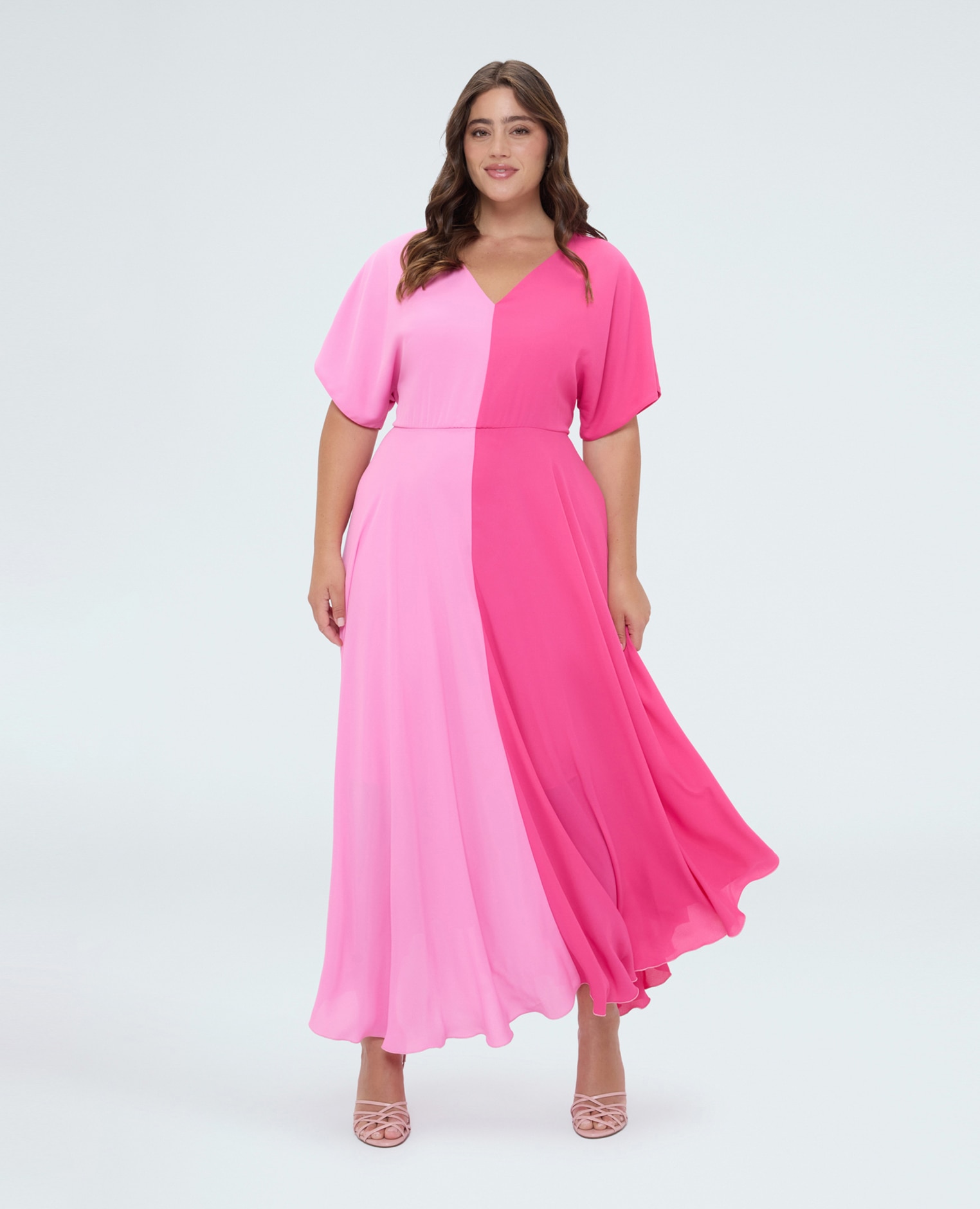 Vestido largo color block cintura definida por un sutil elástico falda amplia y con efecto movimiento - Fiorella Rubino - Rosa Rosa-1