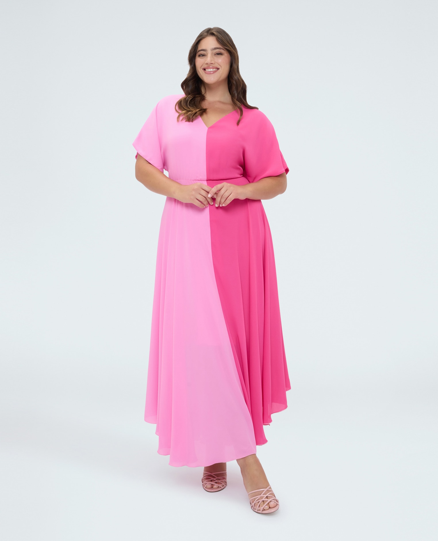 Vestido largo color block cintura definida por un sutil elástico falda amplia y con efecto movimiento - Fiorella Rubino - Rosa Rosa-3