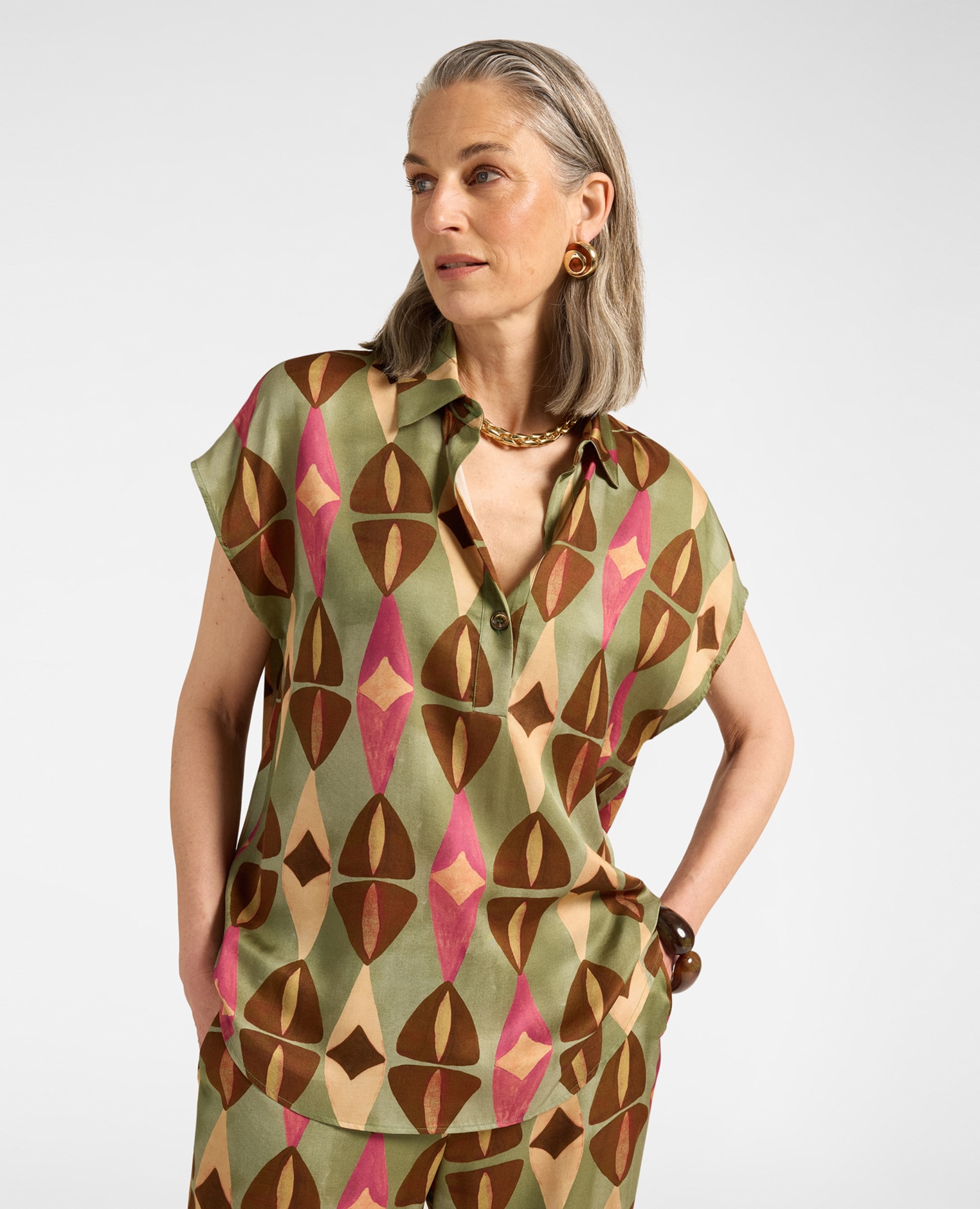 Camisa de mujer de viscosa estampada ajuste regular cierre con botón delante - Elena Miró - Marrón Marrón-1