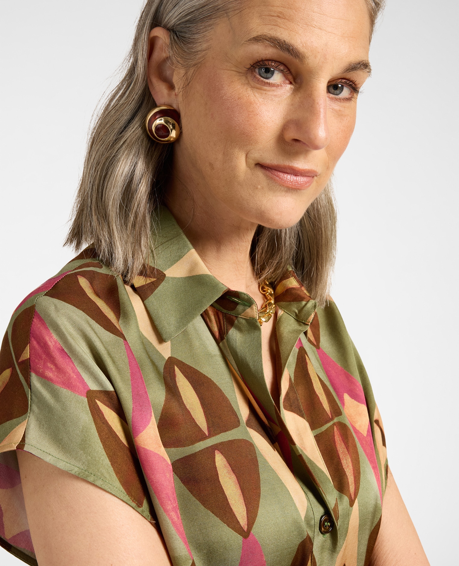 Camisa de mujer de viscosa estampada ajuste regular cierre con botón delante - Elena Miró - Marrón Marrón-4